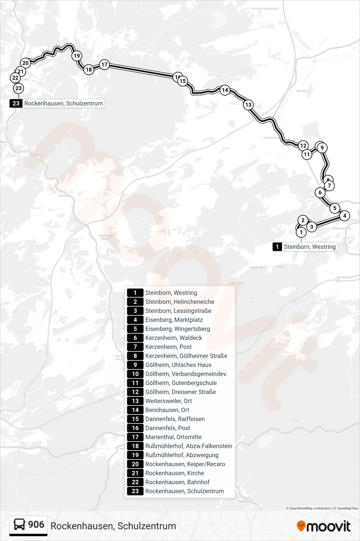 906 bus Line (Rockenhausen, Schulzentrum) route and stops on a map