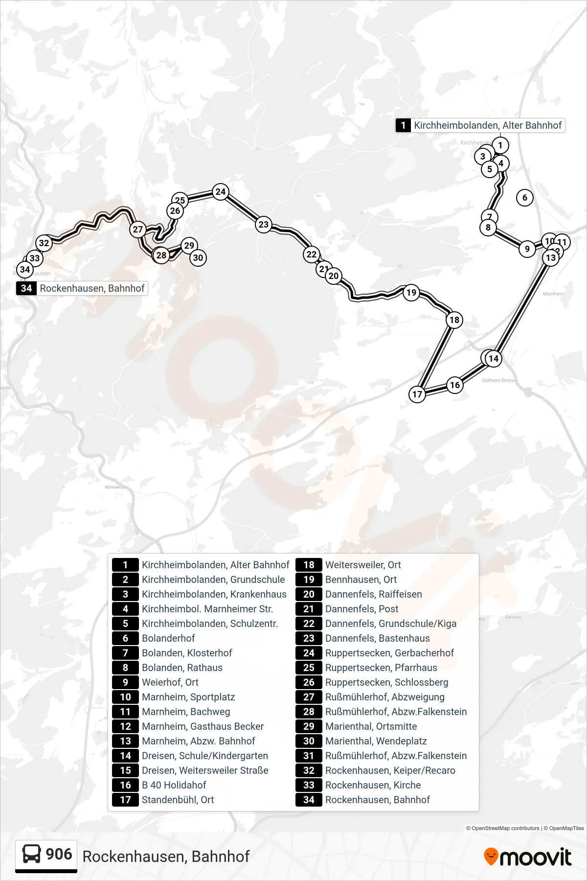 906 bus Line (Rockenhausen, Bahnhof) route and stops on a map