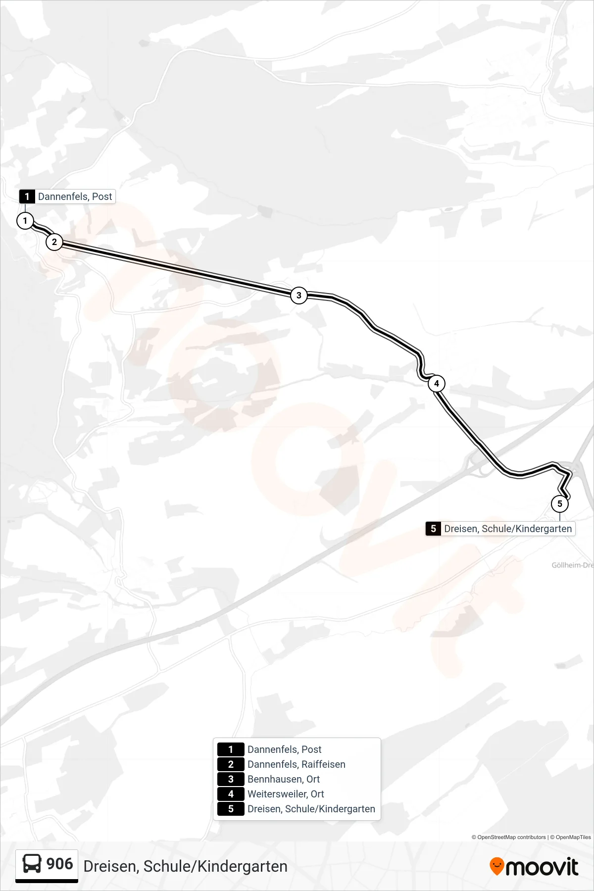 906 bus Line (Dreisen, Schule/Kindergarten) route and stops on a map