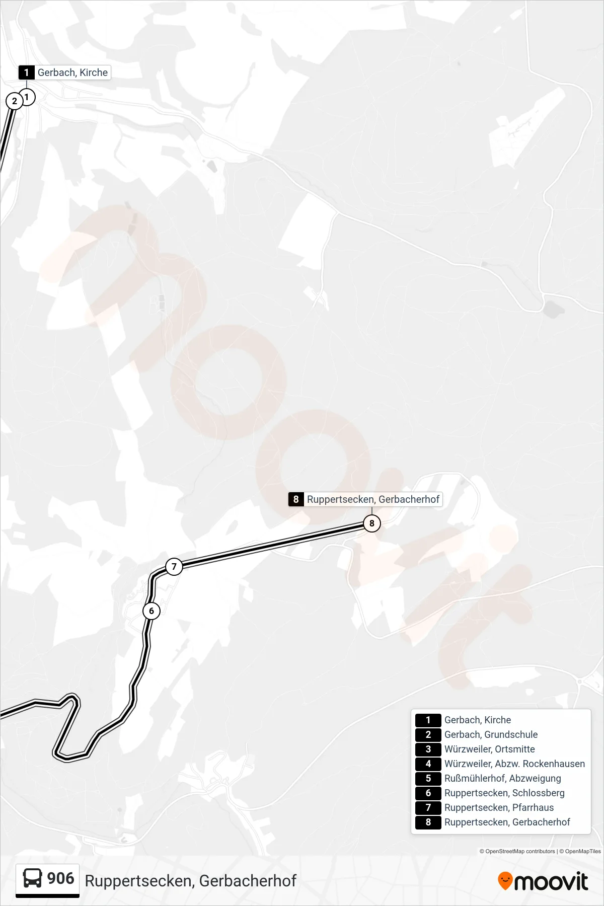 906 bus Line (Ruppertsecken, Gerbacherhof) route and stops on a map