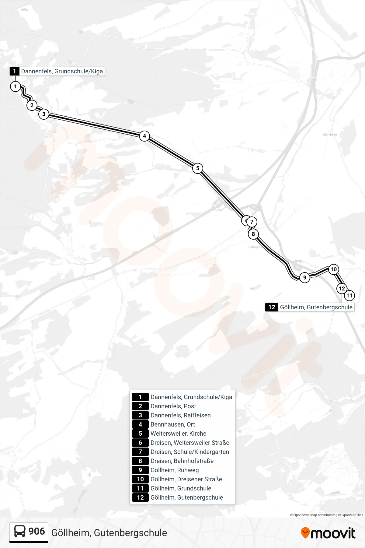906 bus Line (Göllheim, Gutenbergschule) route and stops on a map
