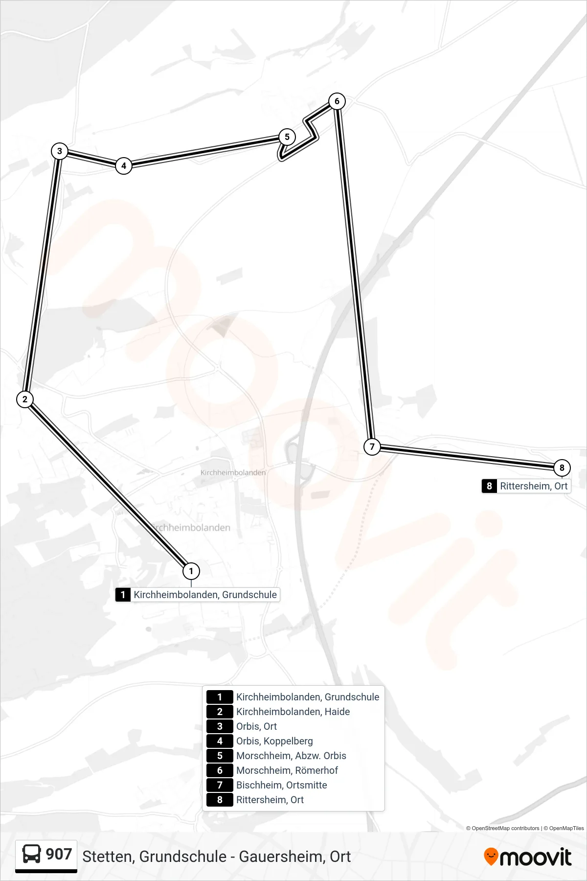 907 bus Line (Rittersheim, Ort) route and stops on a map