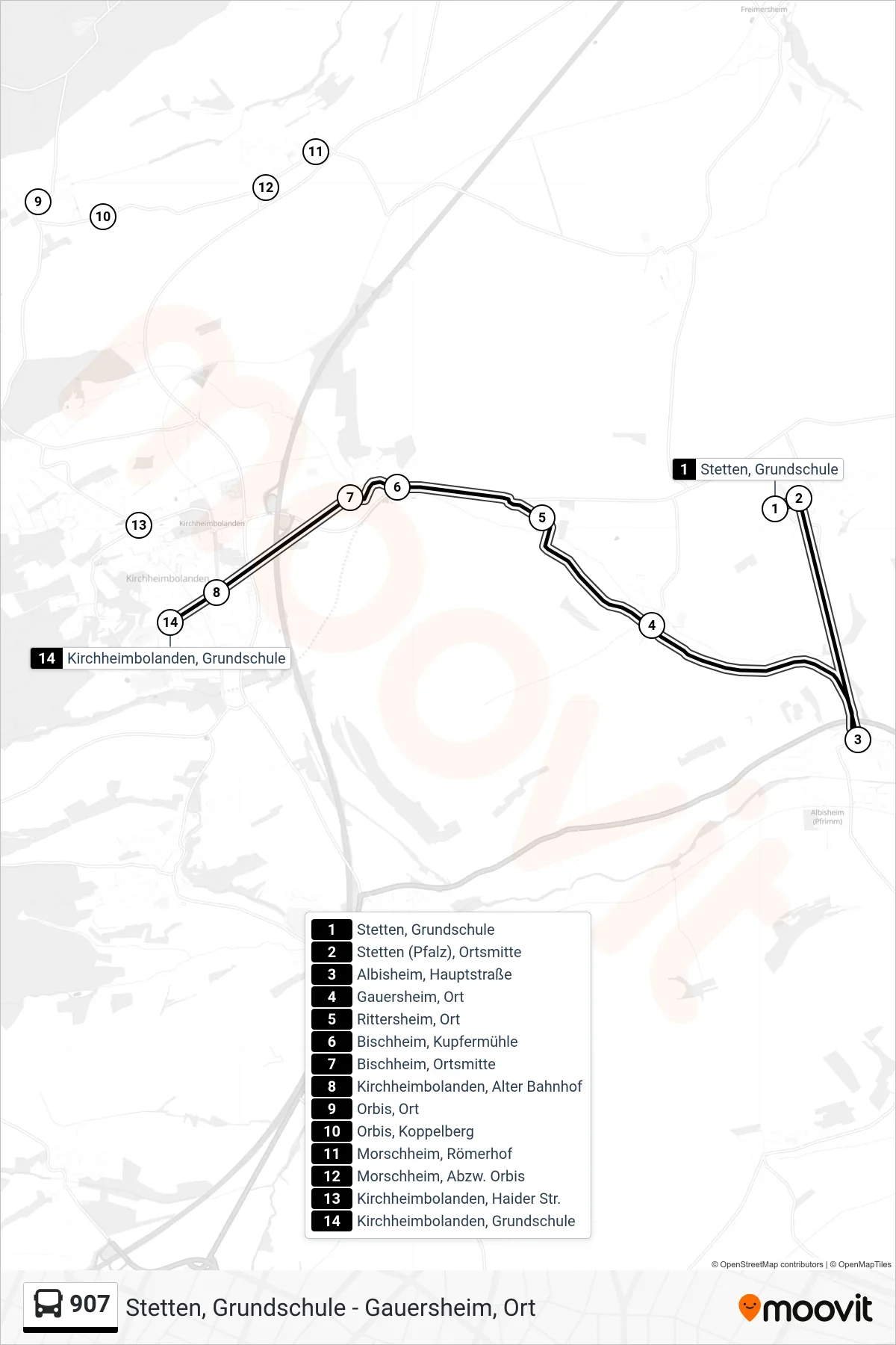 907 bus Line (Kirchheimbolanden, Grundschule) route and stops on a map