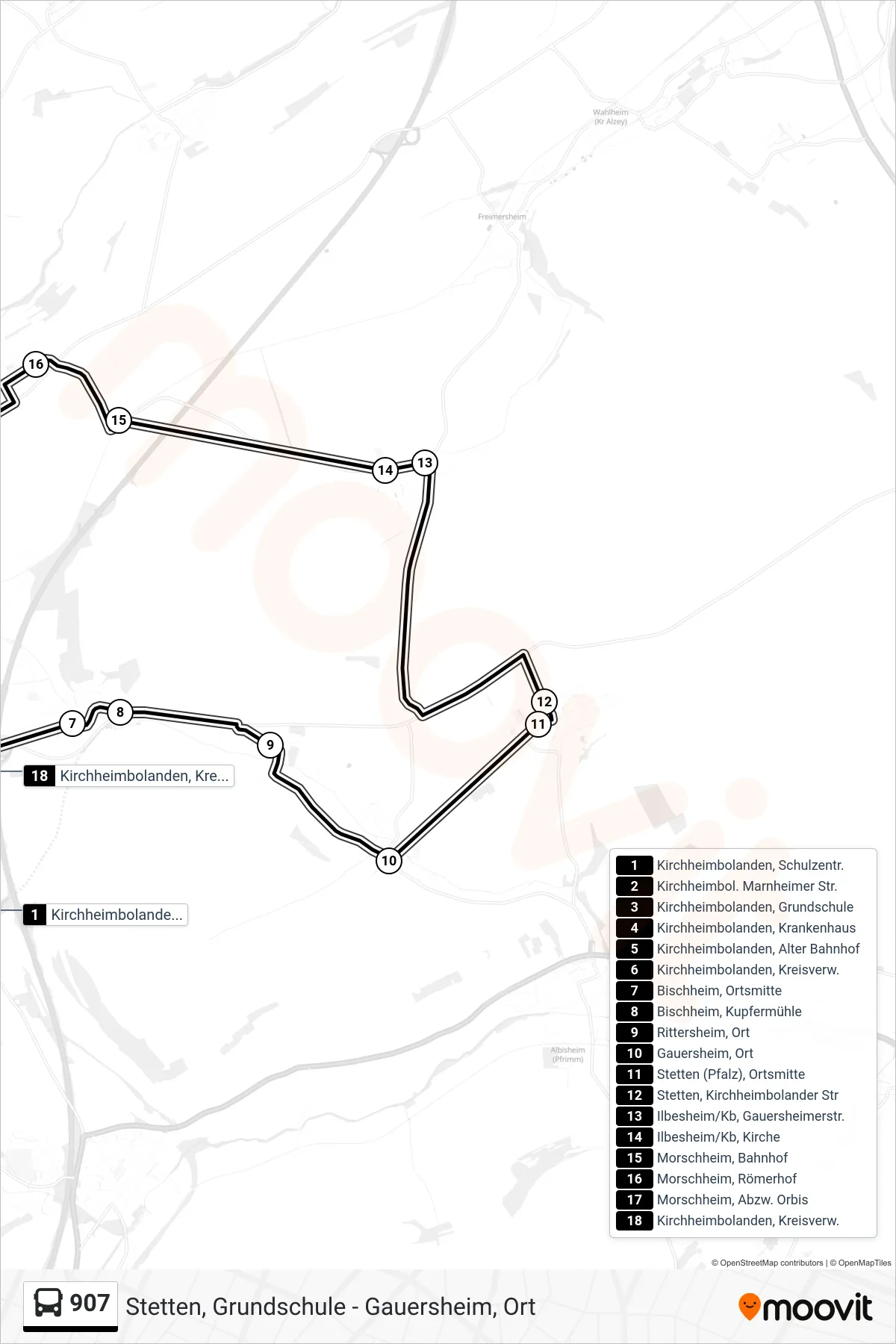 907 bus Line (Kirchheimbolanden, Kreisverw.) route and stops on a map