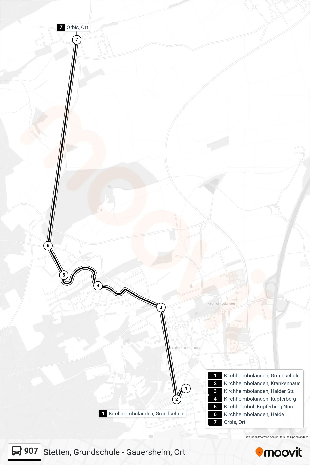 907 bus Line (Orbis, Ort) route and stops on a map