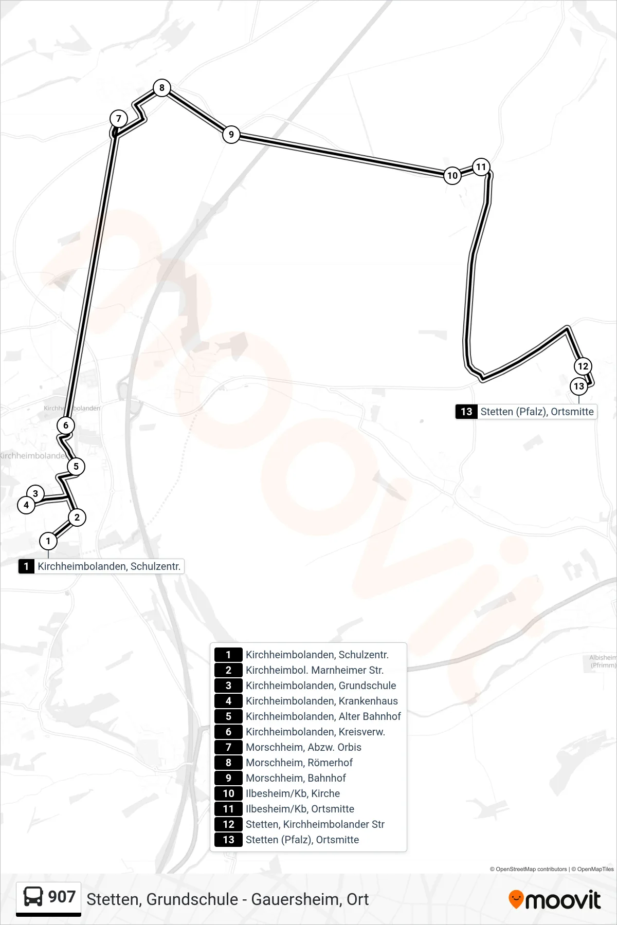 907 bus Line (Stetten (Pfalz), Ortsmitte) route and stops on a map