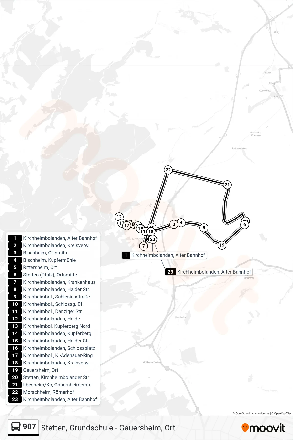 907 bus Line (Kirchheimbolanden, Alter Bahnhof) route and stops on a map