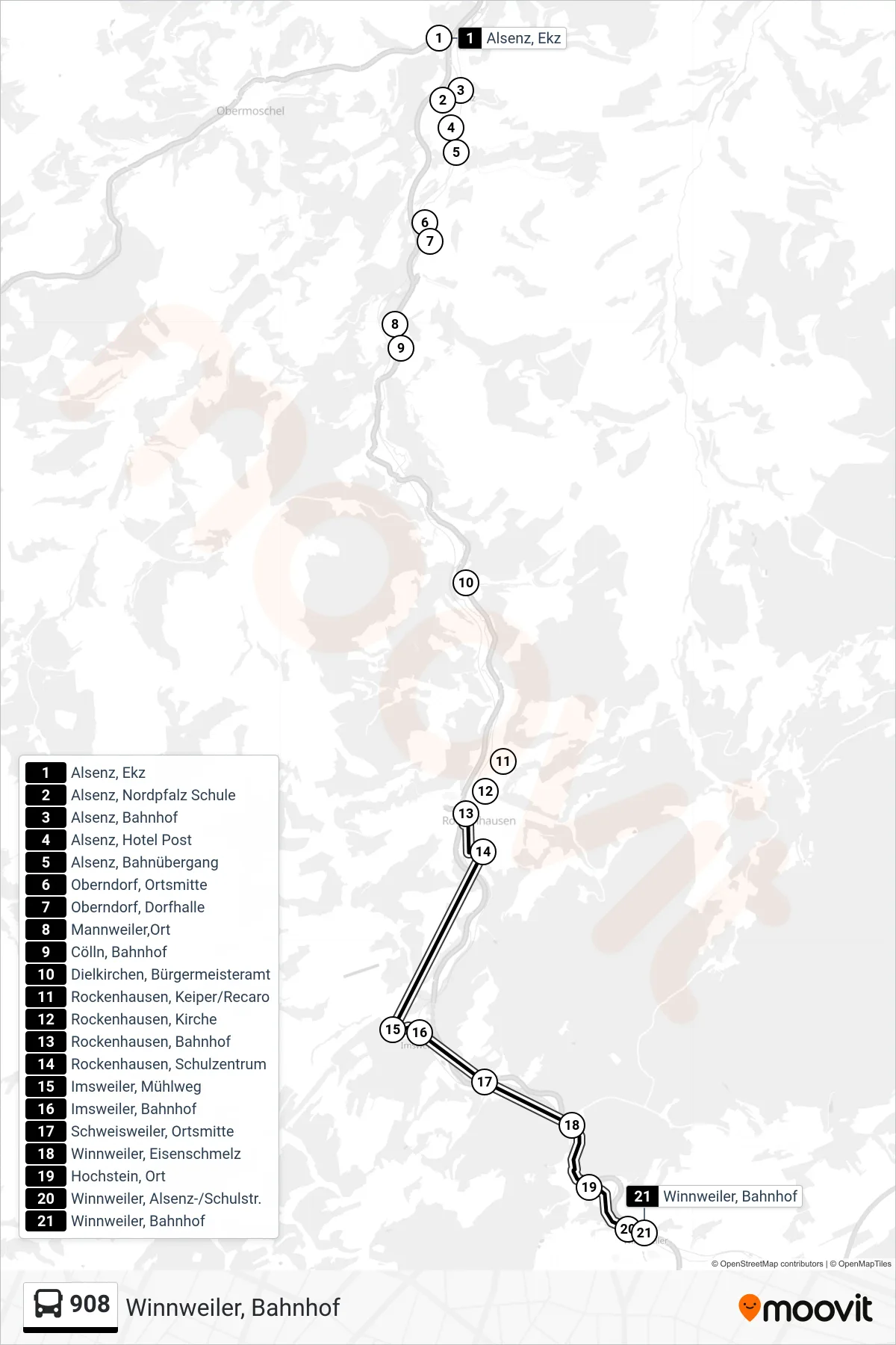 908 bus Line (Winnweiler, Bahnhof) route and stops on a map