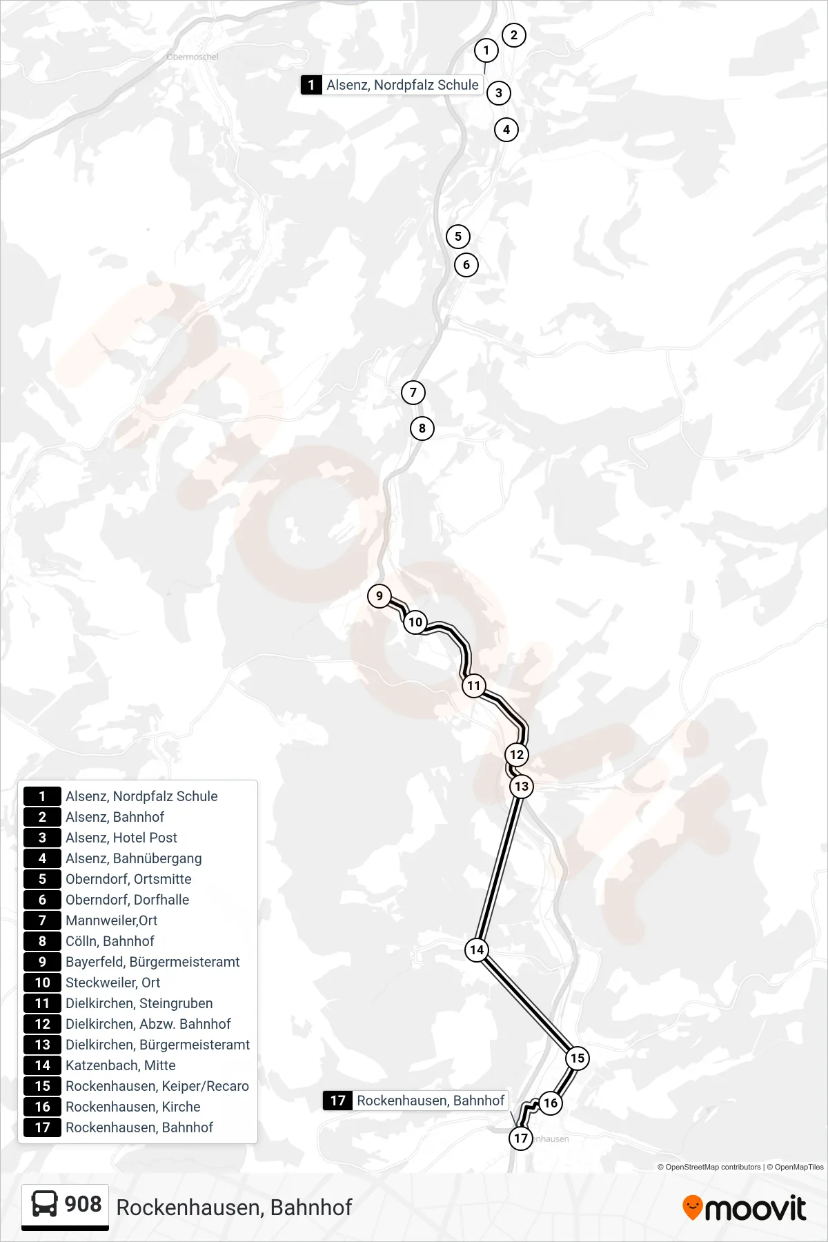 908 bus Line (Rockenhausen, Bahnhof) route and stops on a map