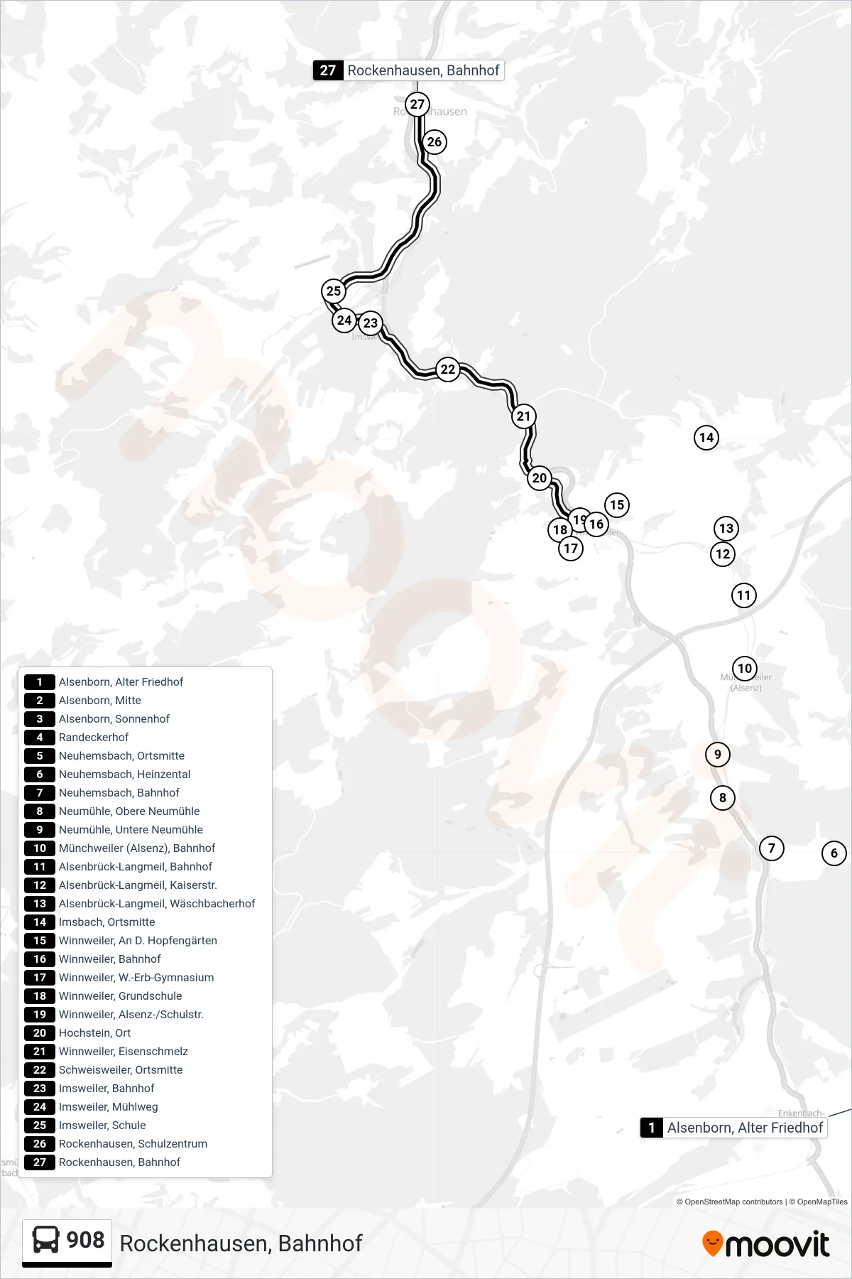 908 bus Line (Rockenhausen, Bahnhof) route and stops on a map