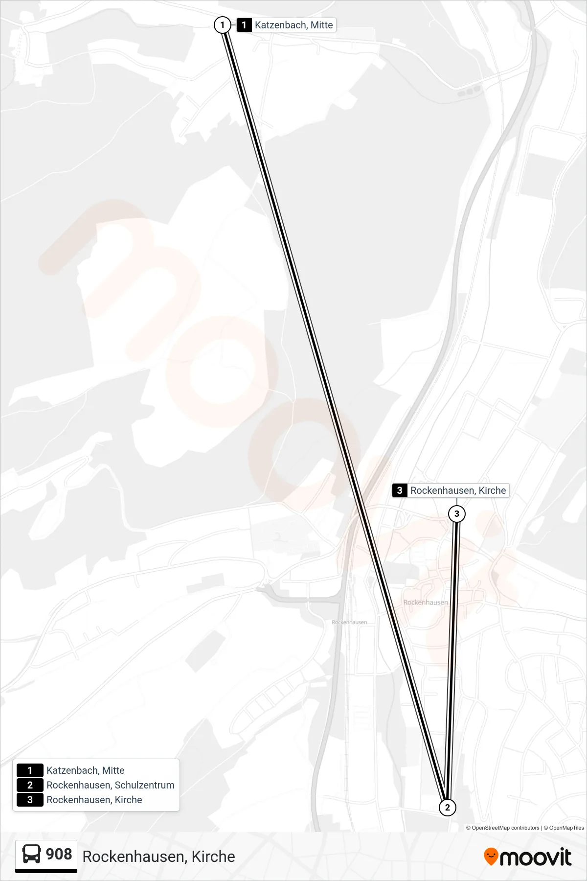 908 bus Line (Rockenhausen, Kirche) route and stops on a map