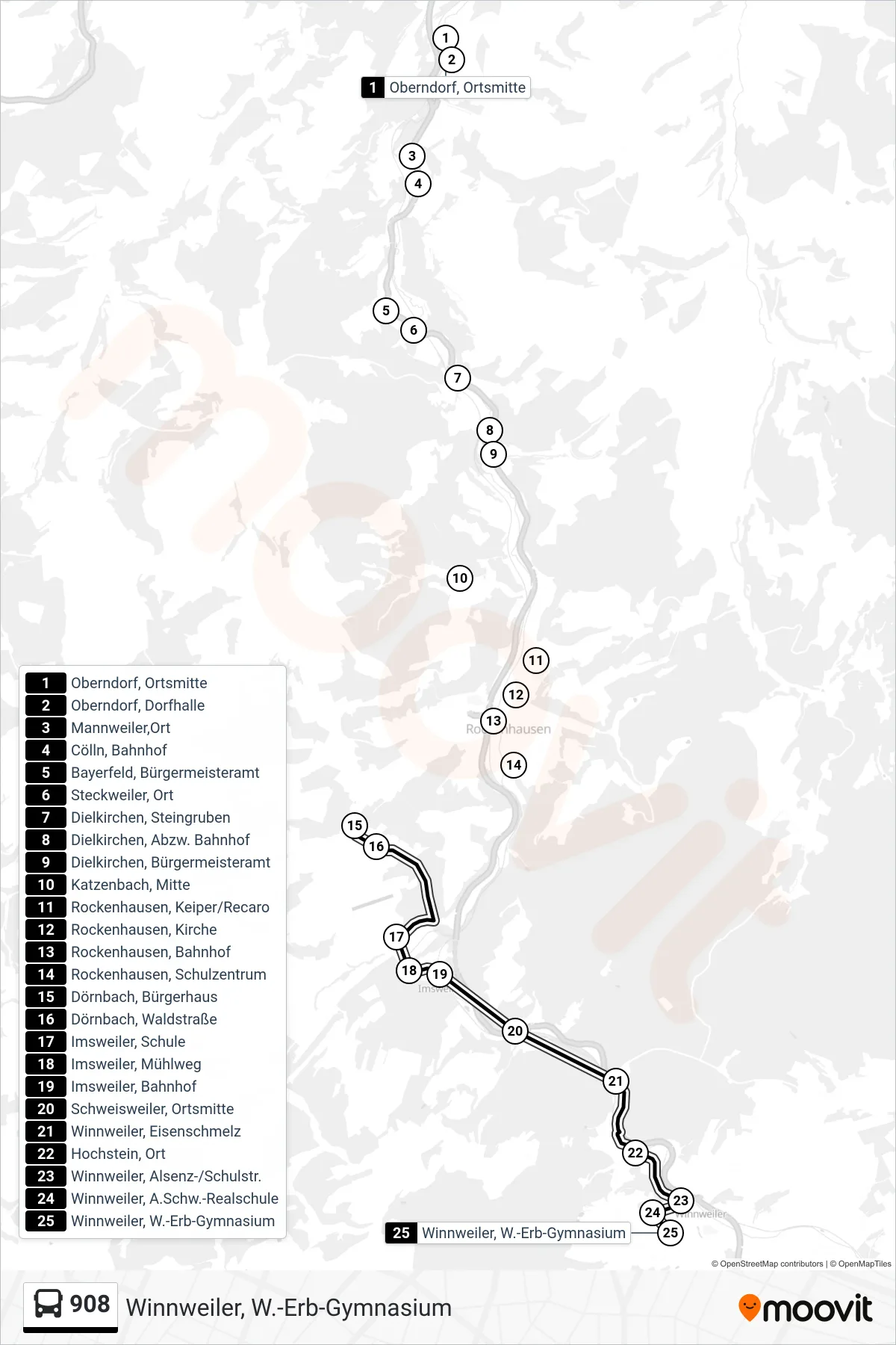 908 bus Line (Winnweiler, W.-Erb-Gymnasium) route and stops on a map