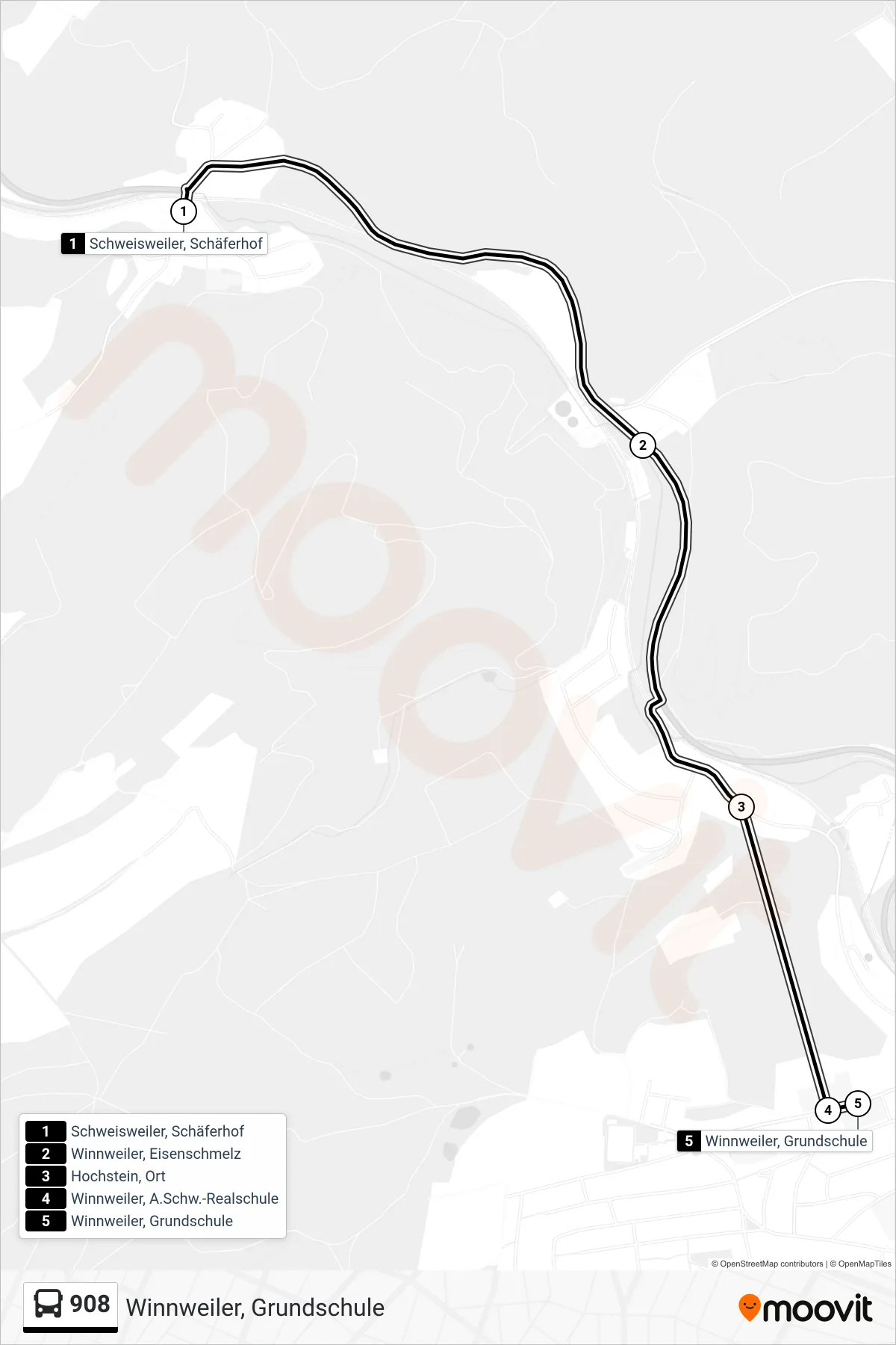 908 bus Line (Winnweiler, Grundschule) route and stops on a map