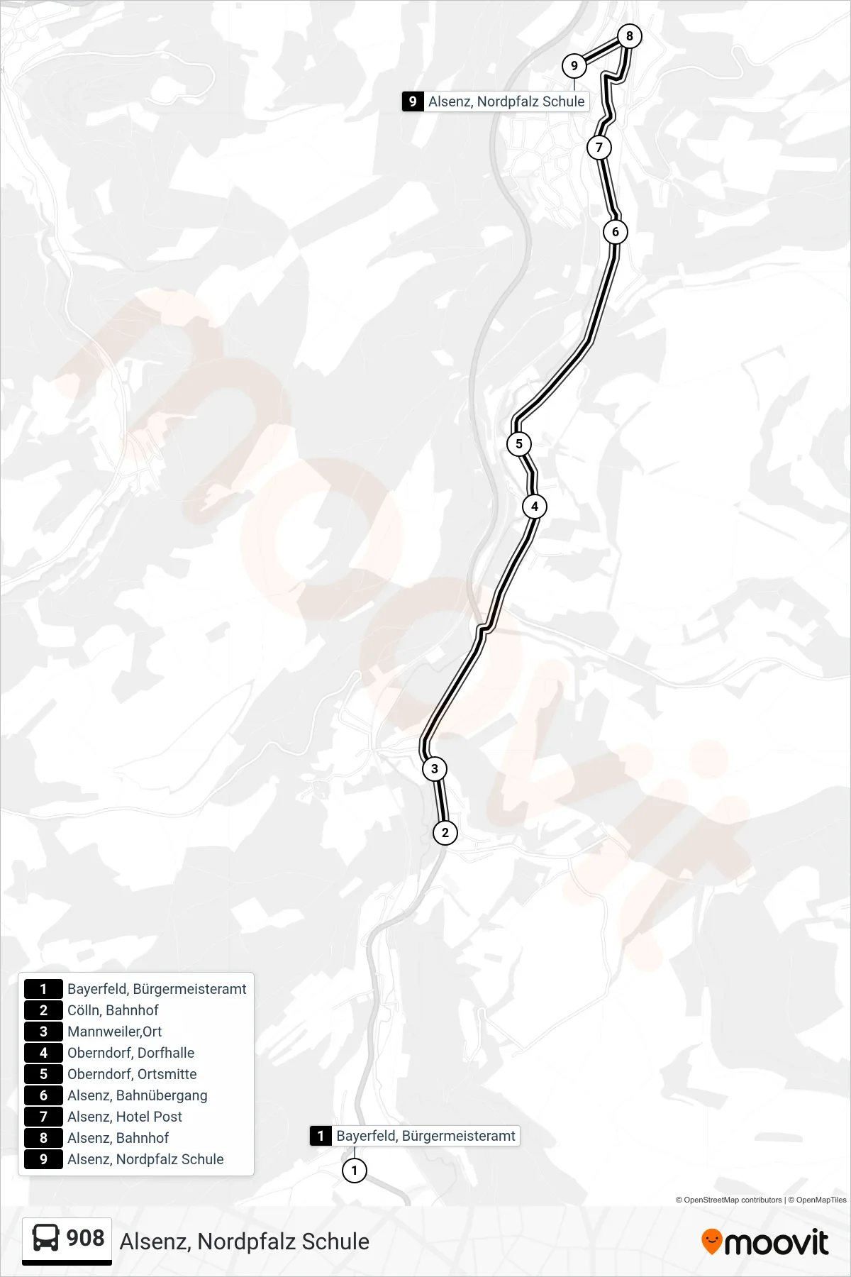 908 bus Line (Alsenz, Nordpfalz Schule) route and stops on a map