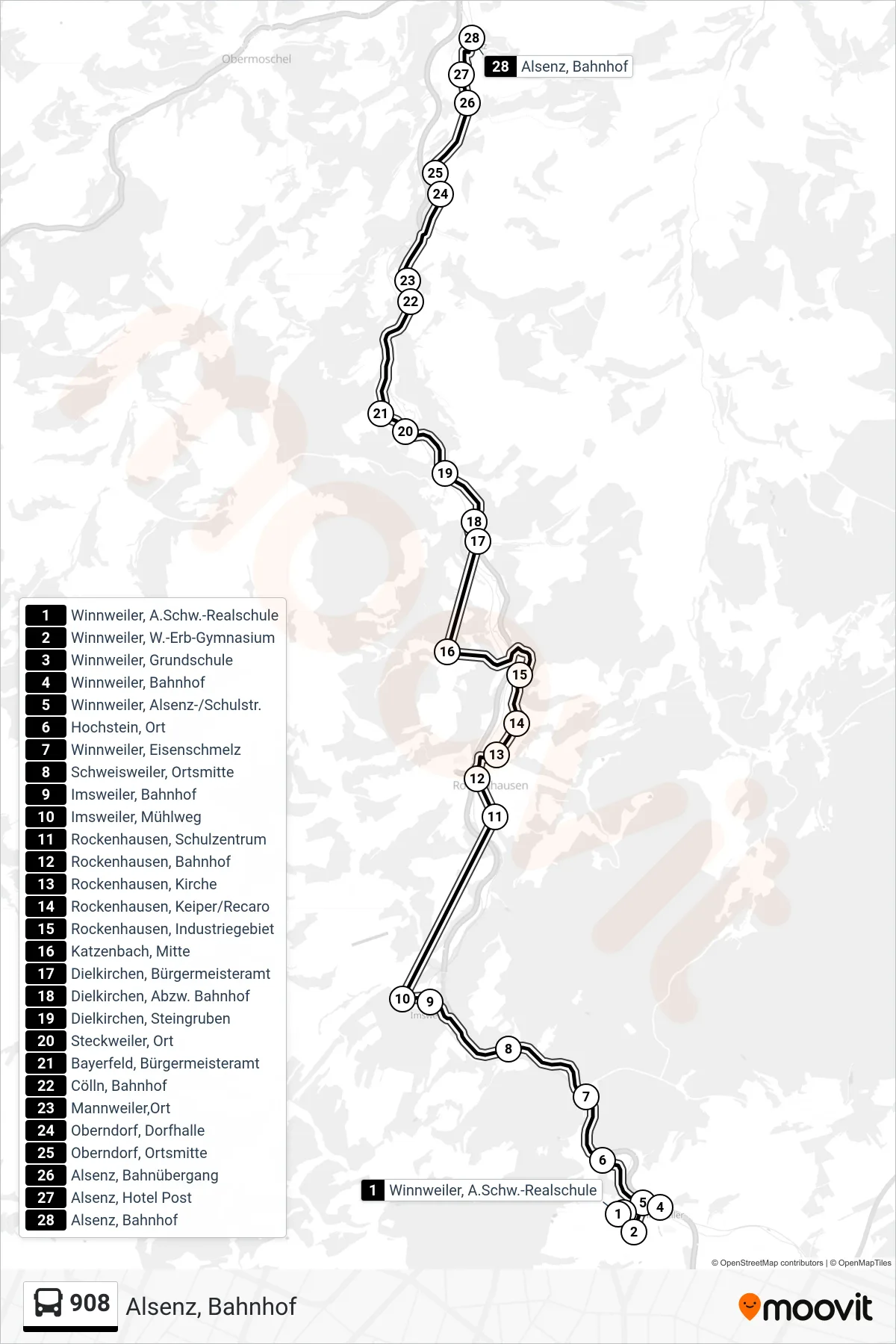 908 bus Line (Alsenz, Bahnhof) route and stops on a map