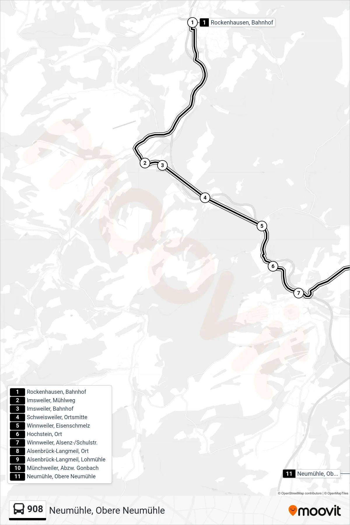 908 bus Line (Neumühle, Obere Neumühle) route and stops on a map