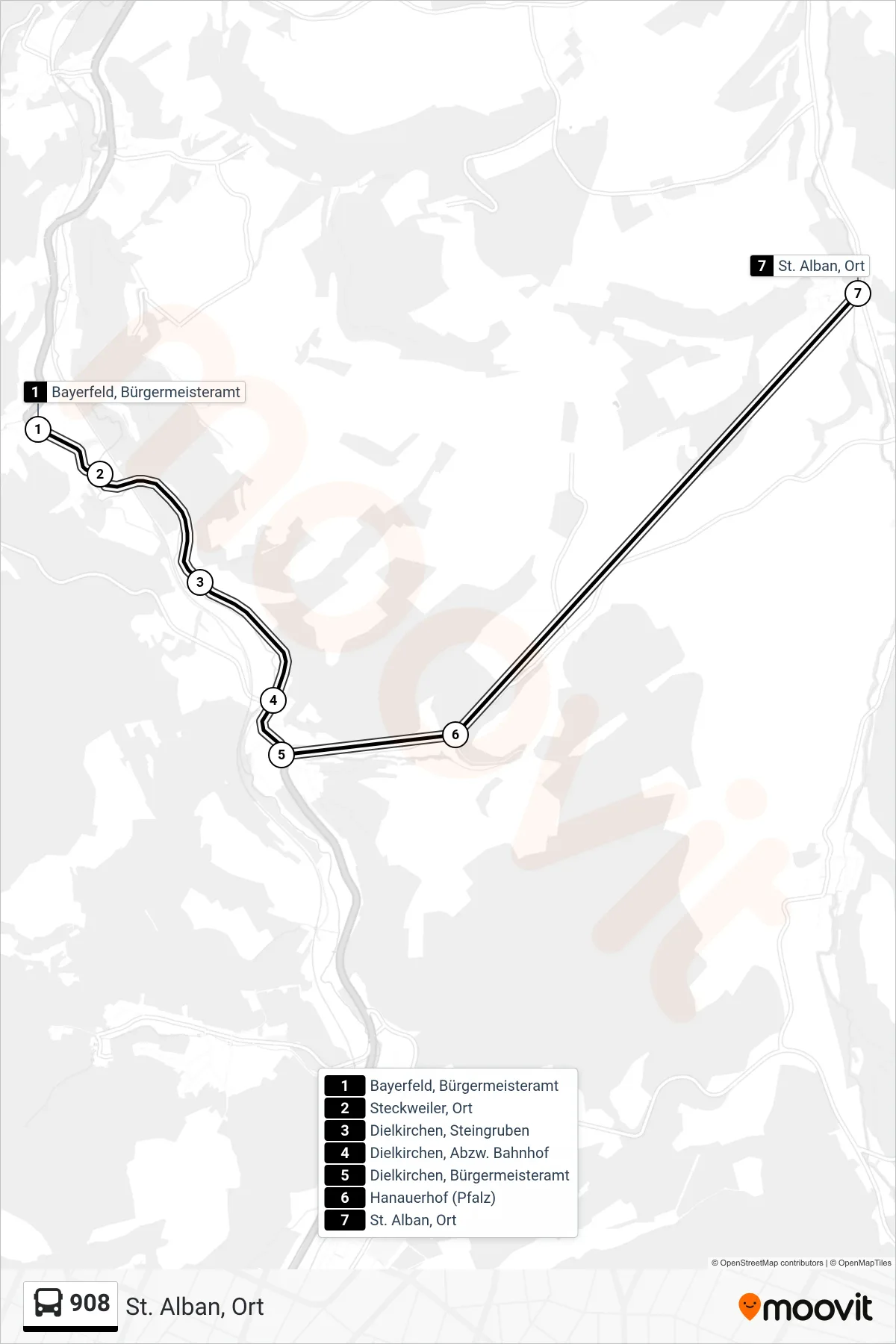 908 bus Line (St. Alban, Ort) route and stops on a map
