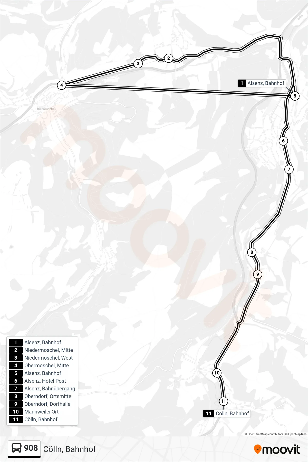 908 bus Line (Cölln, Bahnhof) route and stops on a map