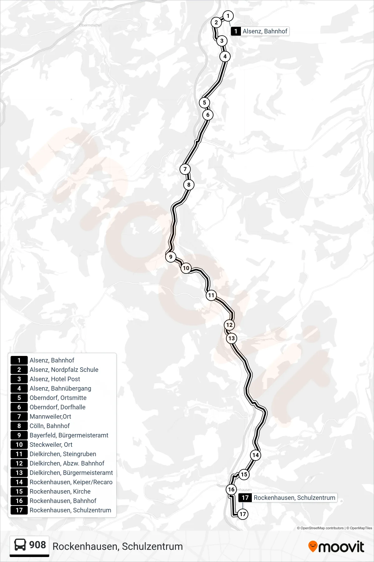 908 bus Line (Rockenhausen, Schulzentrum) route and stops on a map