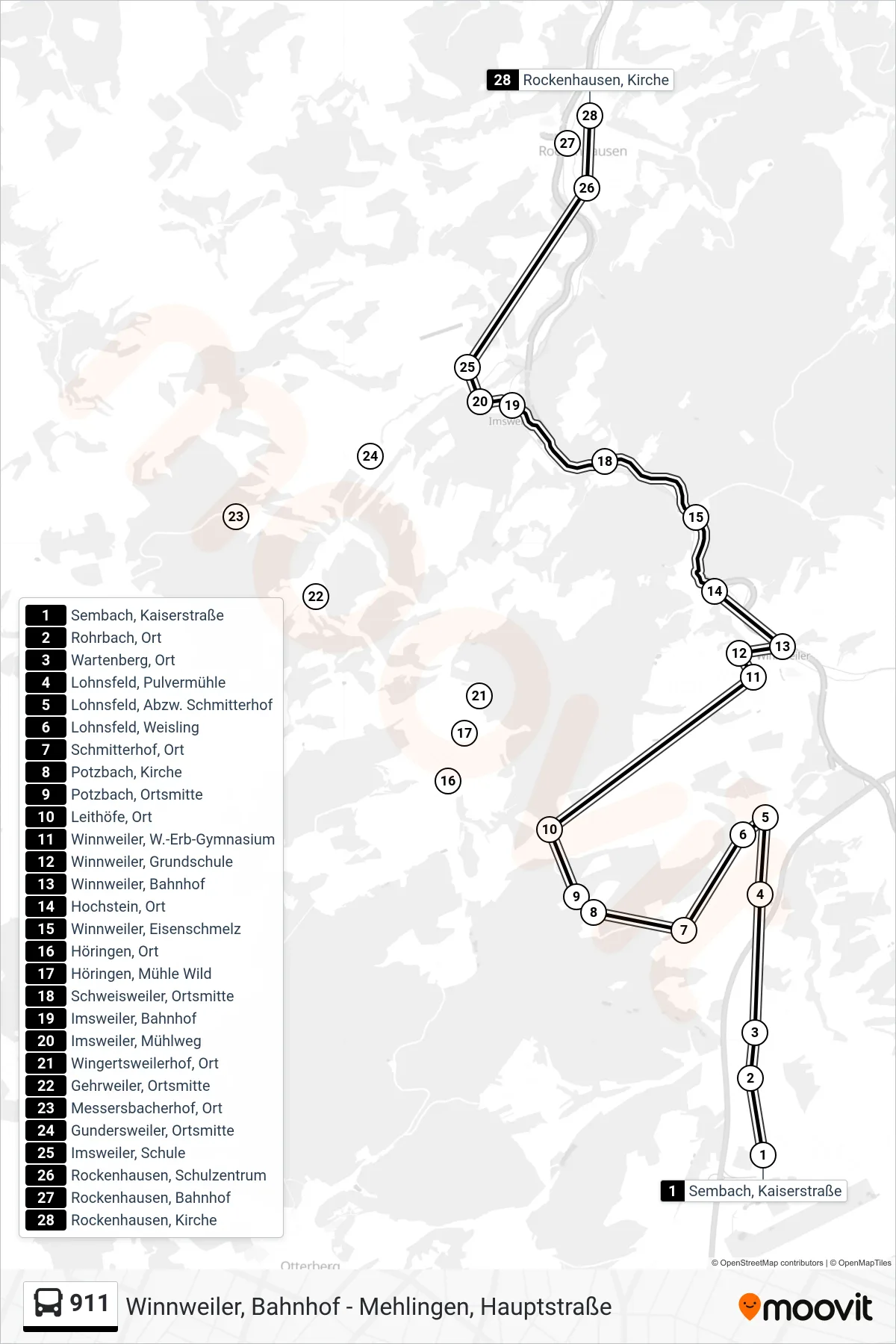 911 bus Line (Rockenhausen, Kirche) route and stops on a map