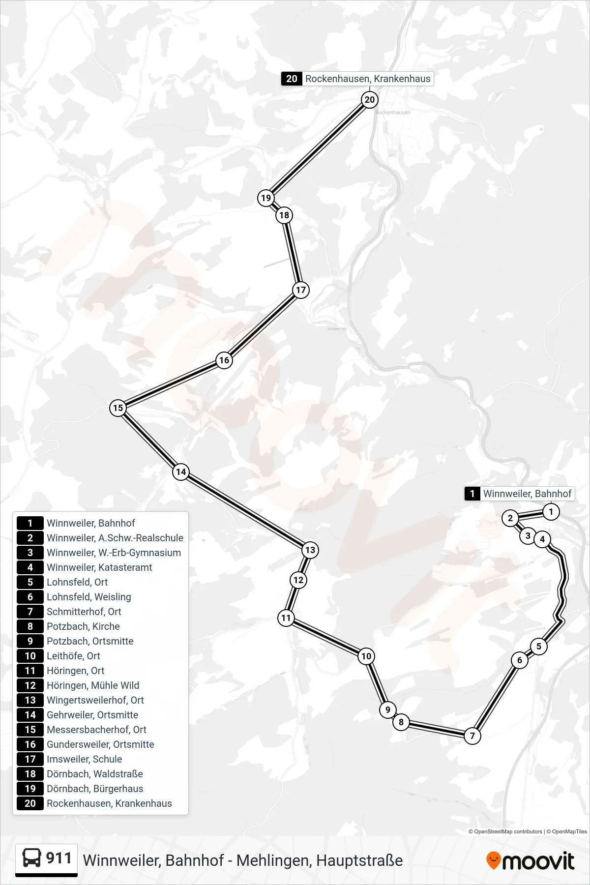 911 bus Line (Rockenhausen, Krankenhaus) route and stops on a map