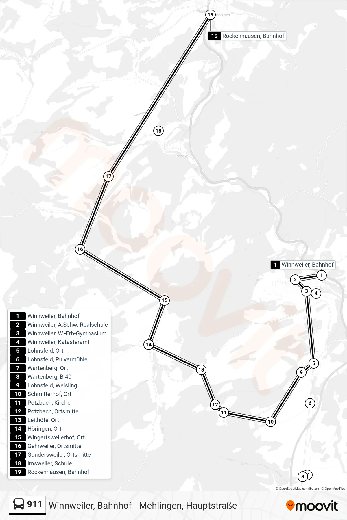 911 bus Line (Rockenhausen, Bahnhof) route and stops on a map