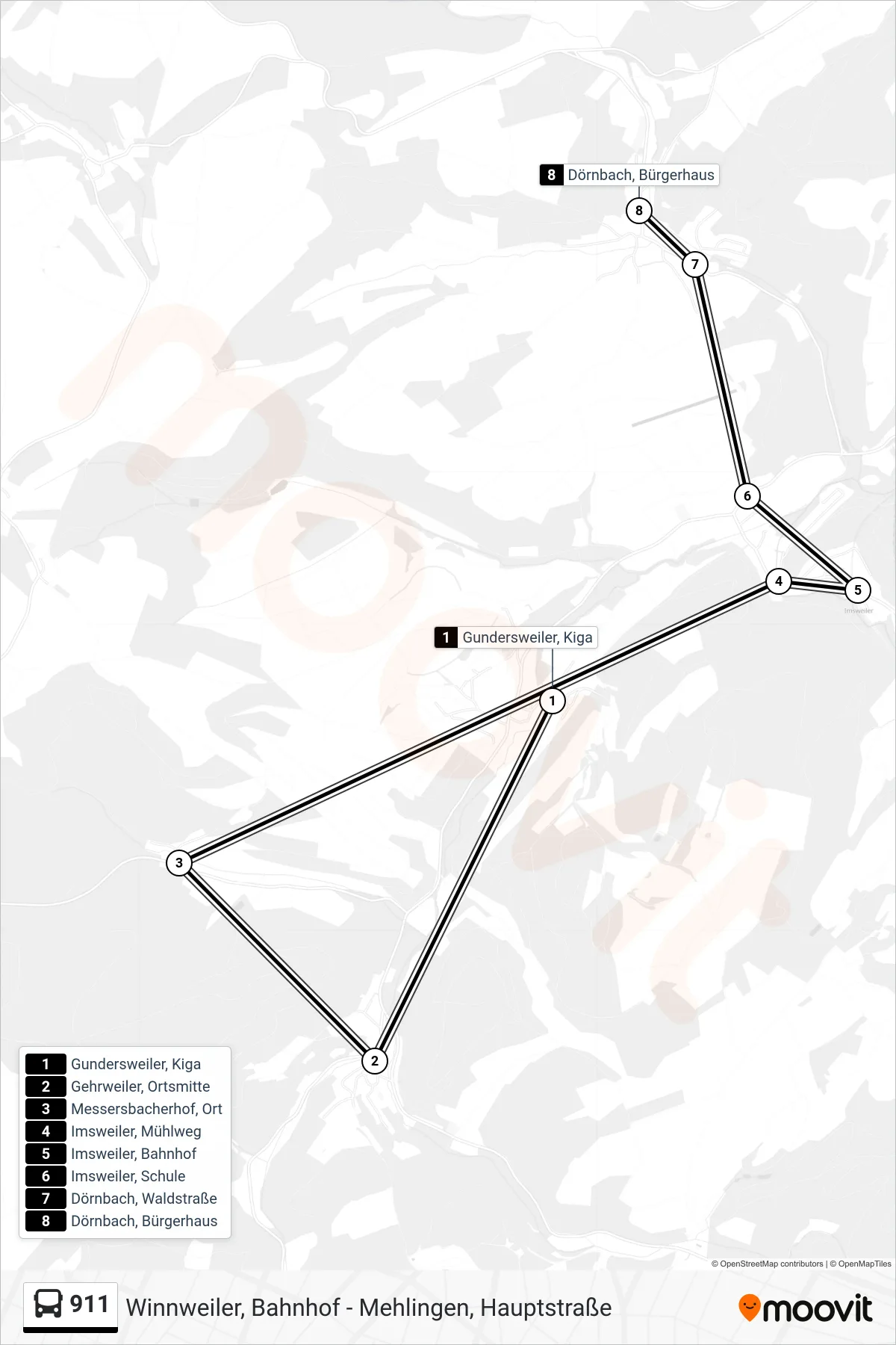 911 bus Line (Dörnbach, Bürgerhaus) route and stops on a map