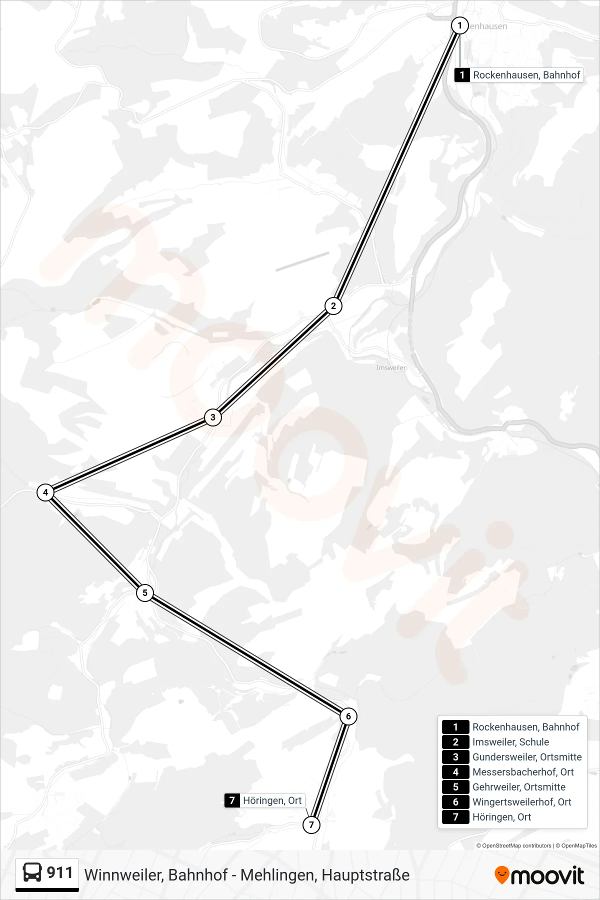 911 bus Line (Höringen, Ort) route and stops on a map