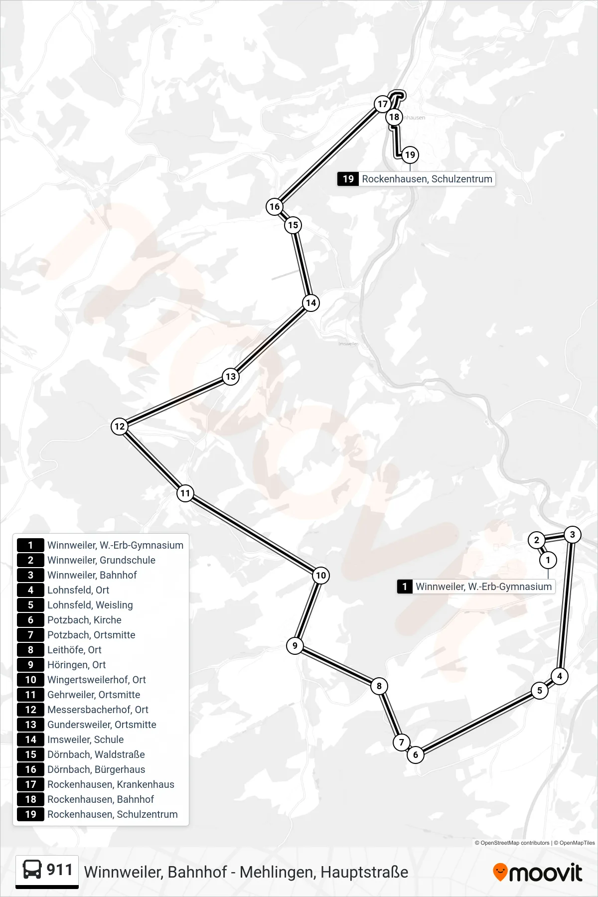 911 bus Line (Rockenhausen, Schulzentrum) route and stops on a map