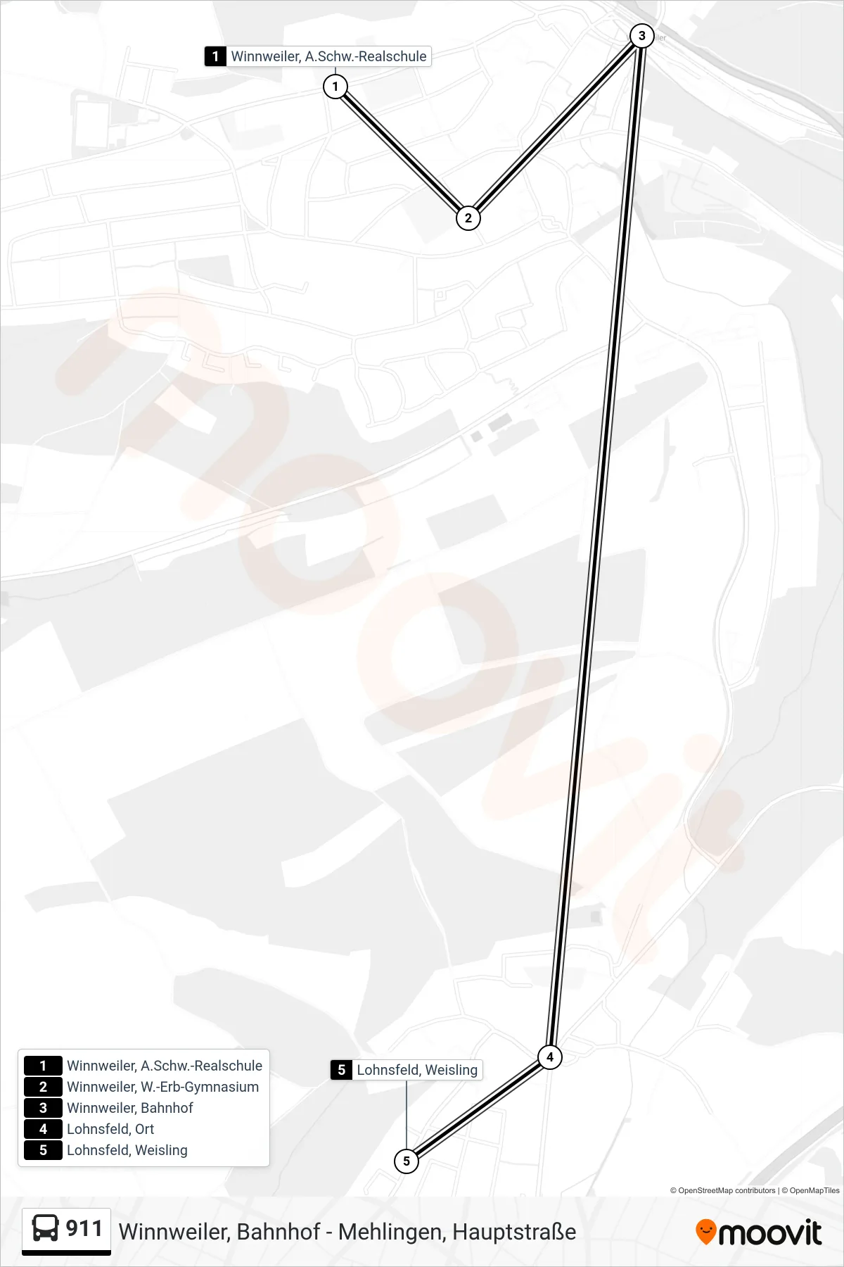 911 bus Line (Lohnsfeld, Weisling) route and stops on a map