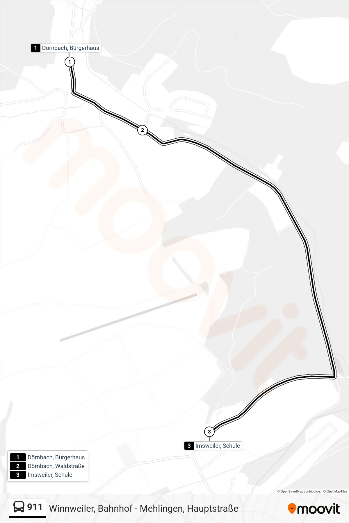911 bus Line (Imsweiler, Schule) route and stops on a map