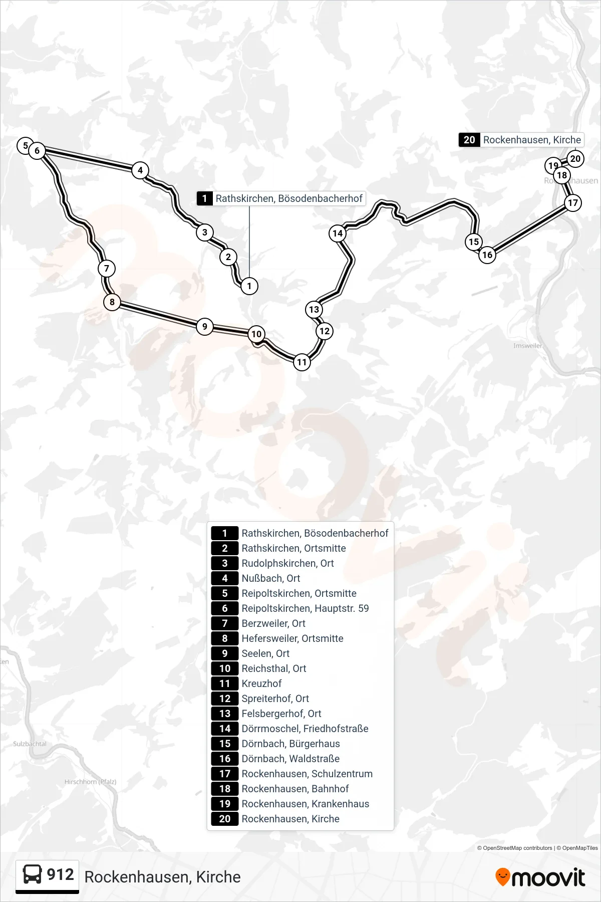 912 bus Line (Rockenhausen, Kirche) route and stops on a map