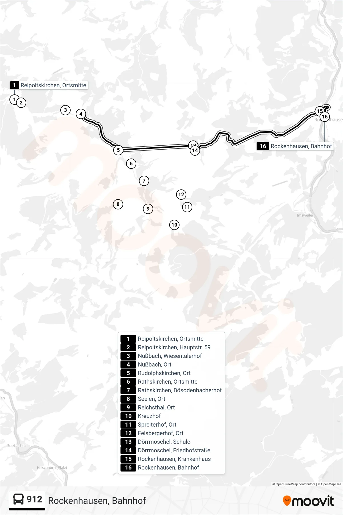 Linie 912 (Bus) Richtung Rockenhausen, Bahnhof: Route und Haltestellen auf der Karte