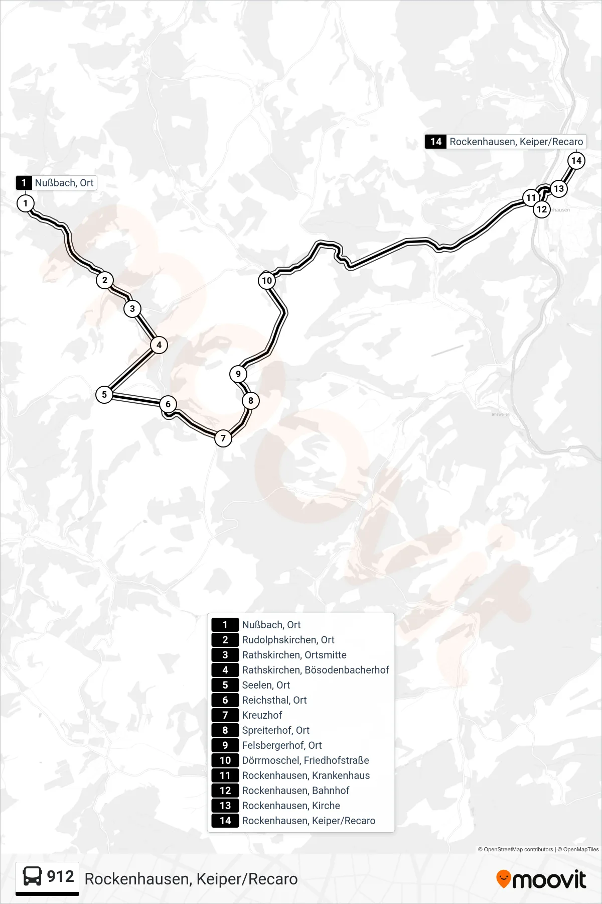 912 bus Line (Rockenhausen, Keiper/Recaro) route and stops on a map