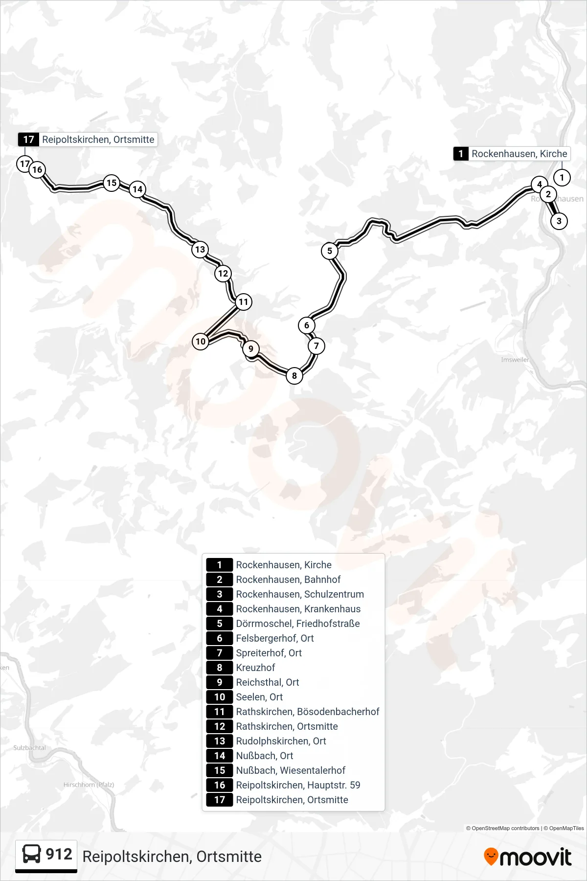 912 bus Line (Reipoltskirchen, Ortsmitte) route and stops on a map