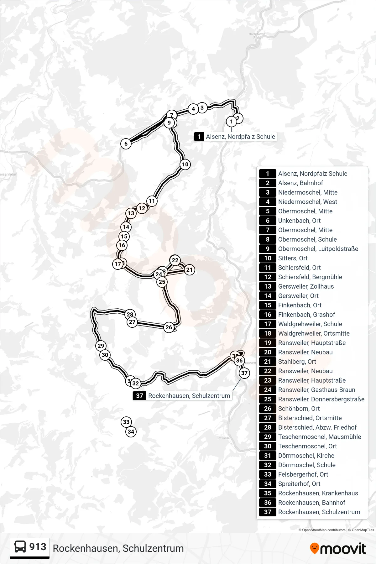 913 bus Line (Rockenhausen, Schulzentrum) route and stops on a map