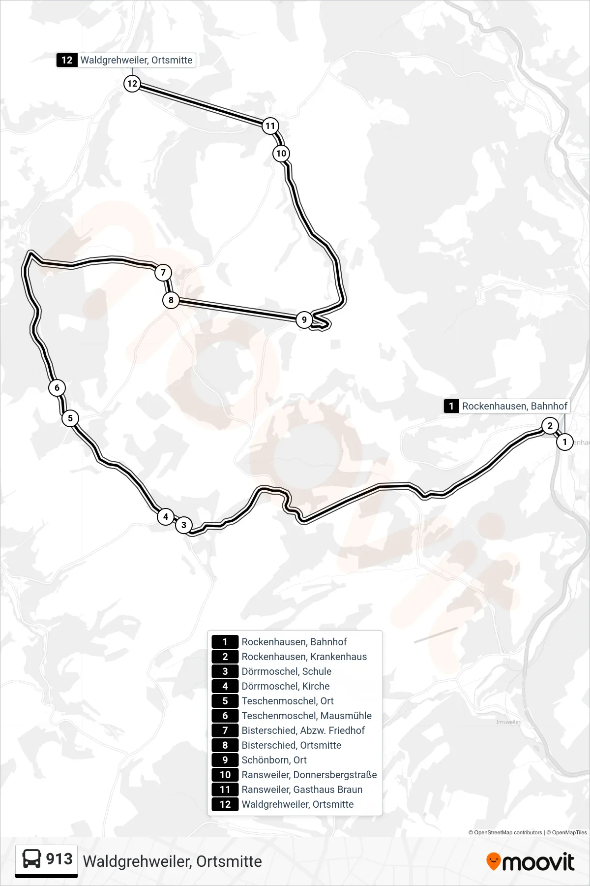 913 bus Line (Waldgrehweiler, Ortsmitte) route and stops on a map