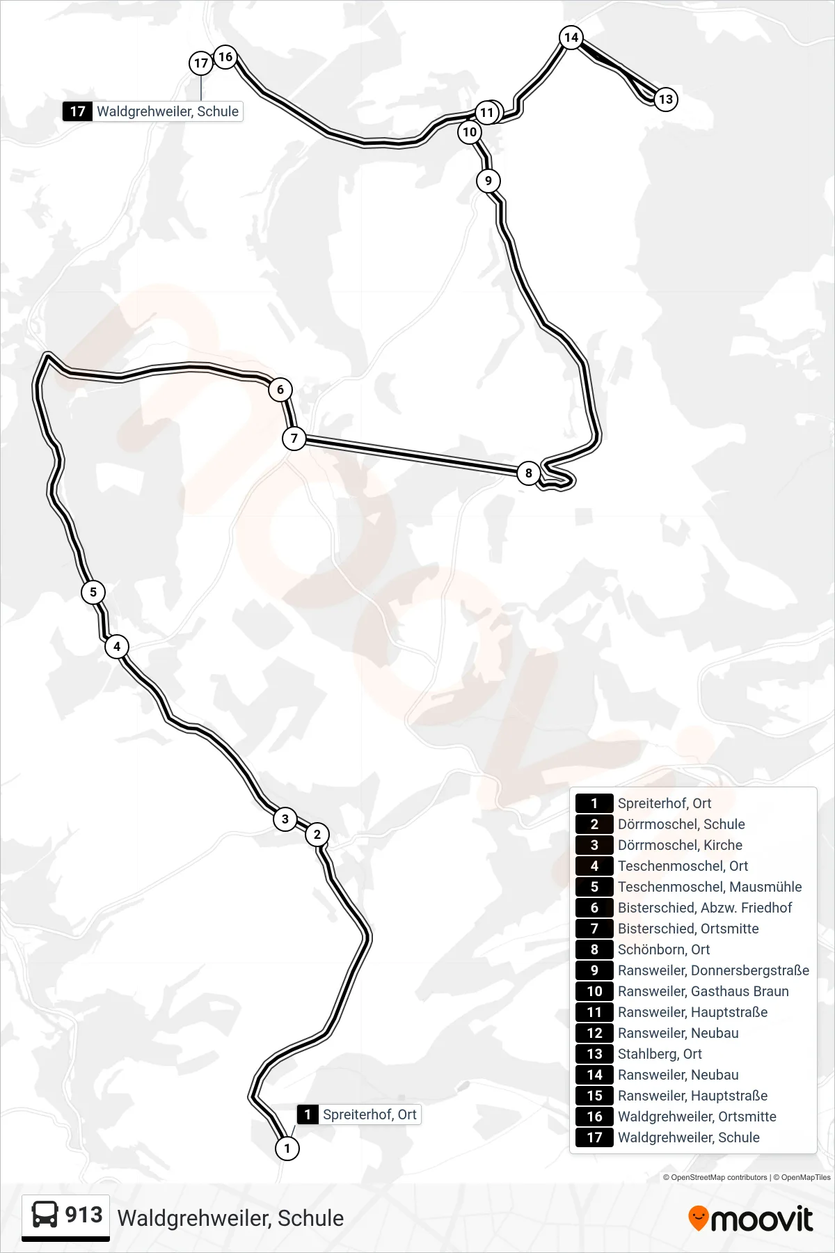 913 bus Line (Waldgrehweiler, Schule) route and stops on a map