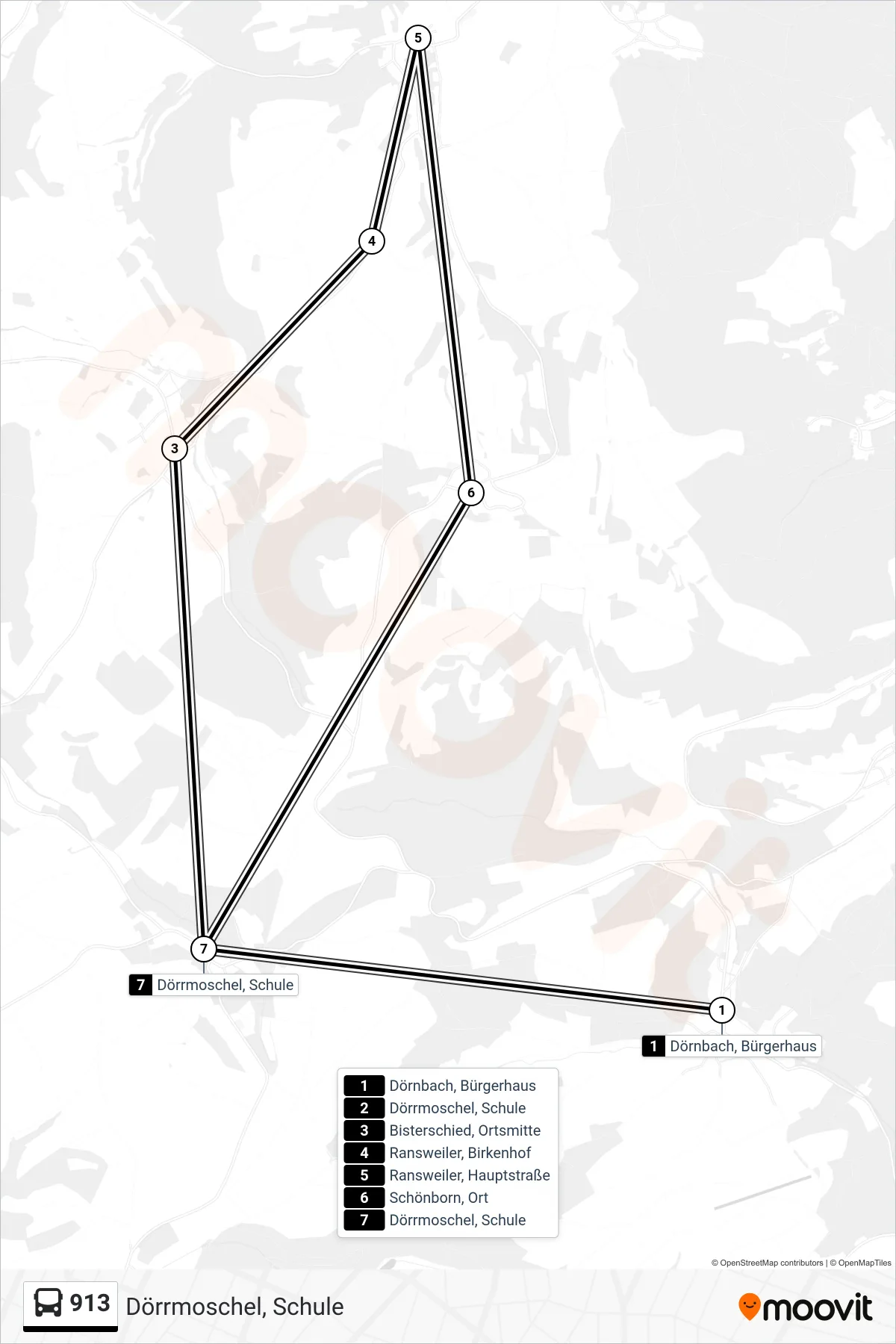 913 bus Line (Dörrmoschel, Schule) route and stops on a map