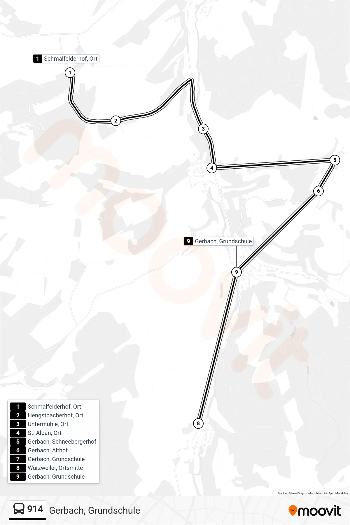 914 bus Line (Gerbach, Grundschule) route and stops on a map