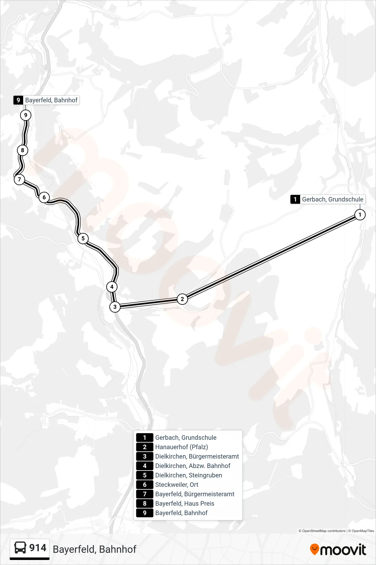 914 bus Line (Bayerfeld, Bahnhof) route and stops on a map