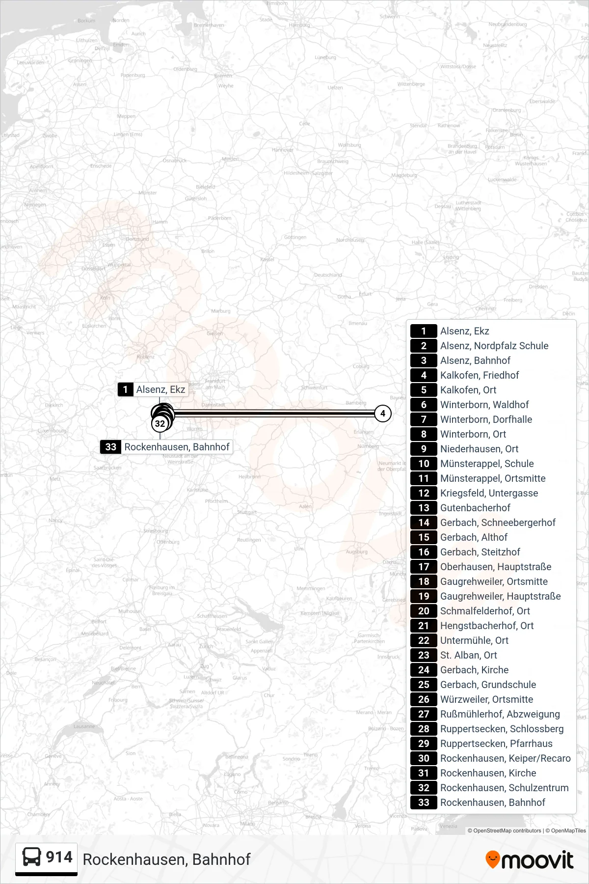 914 bus Line (Rockenhausen, Bahnhof) route and stops on a map