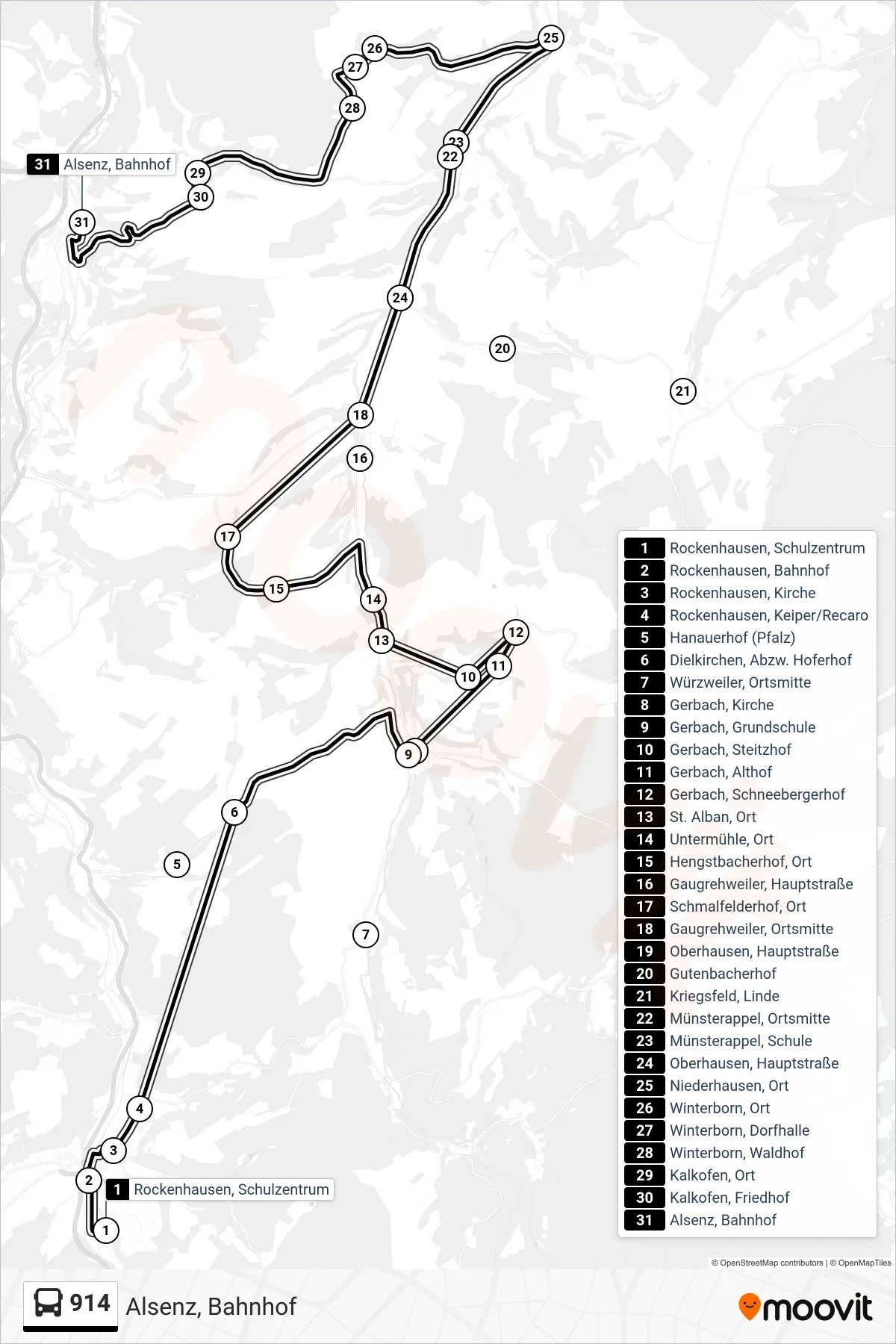 914 bus Line (Alsenz, Bahnhof) route and stops on a map
