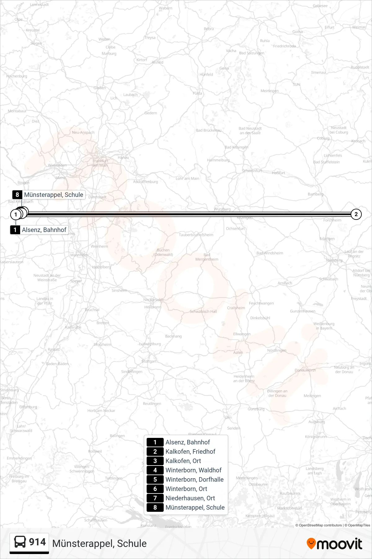 914 bus Line (Münsterappel, Schule) route and stops on a map