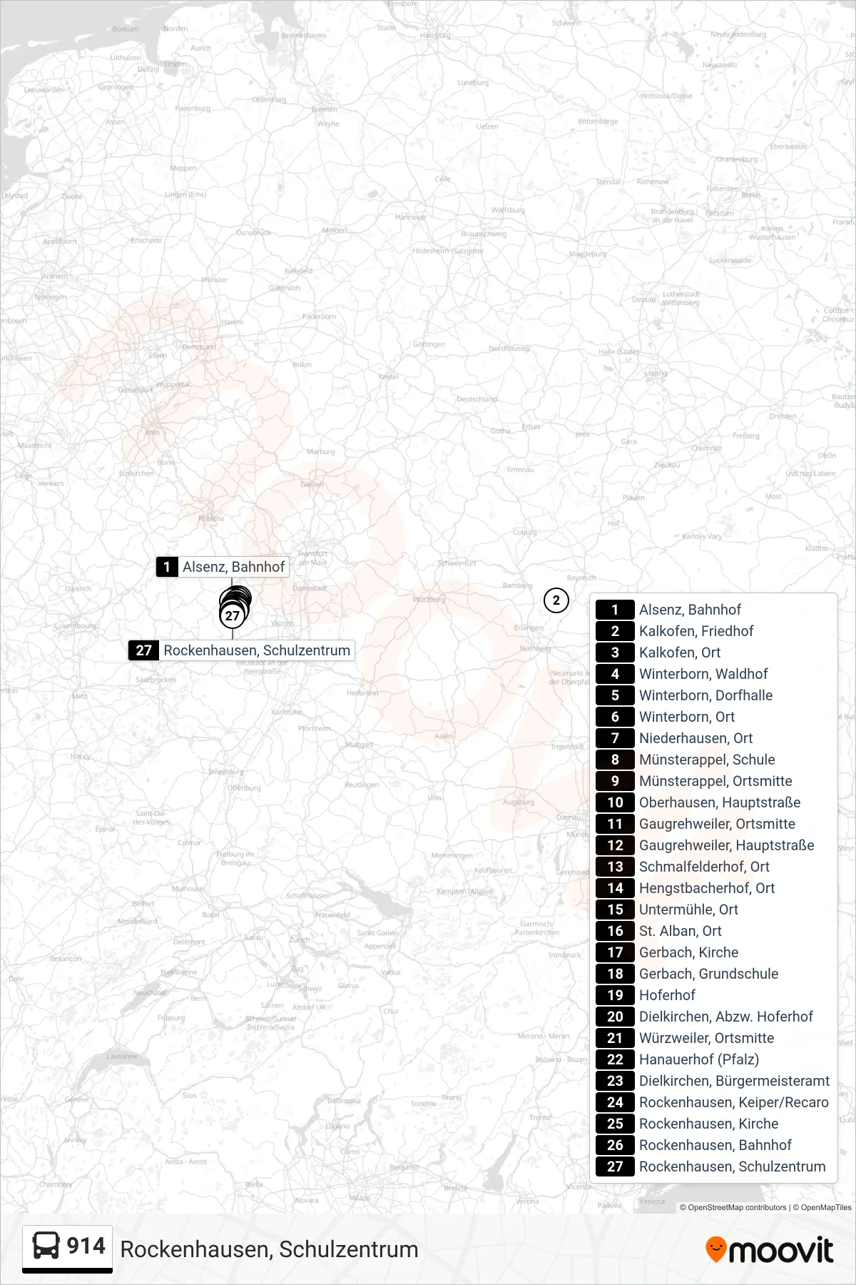 914 bus Line (Rockenhausen, Schulzentrum) route and stops on a map