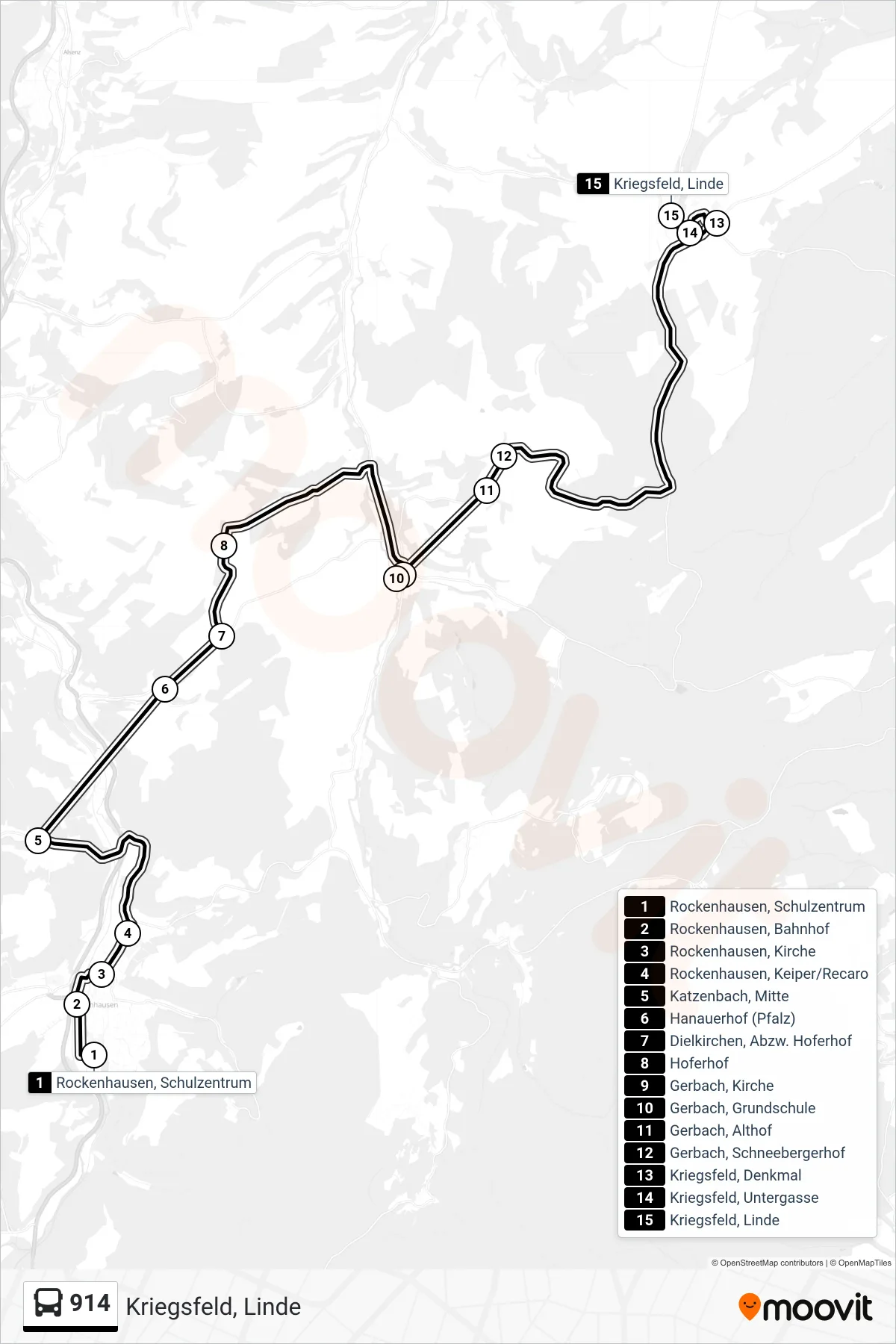 914 bus Line (Kriegsfeld, Linde) route and stops on a map