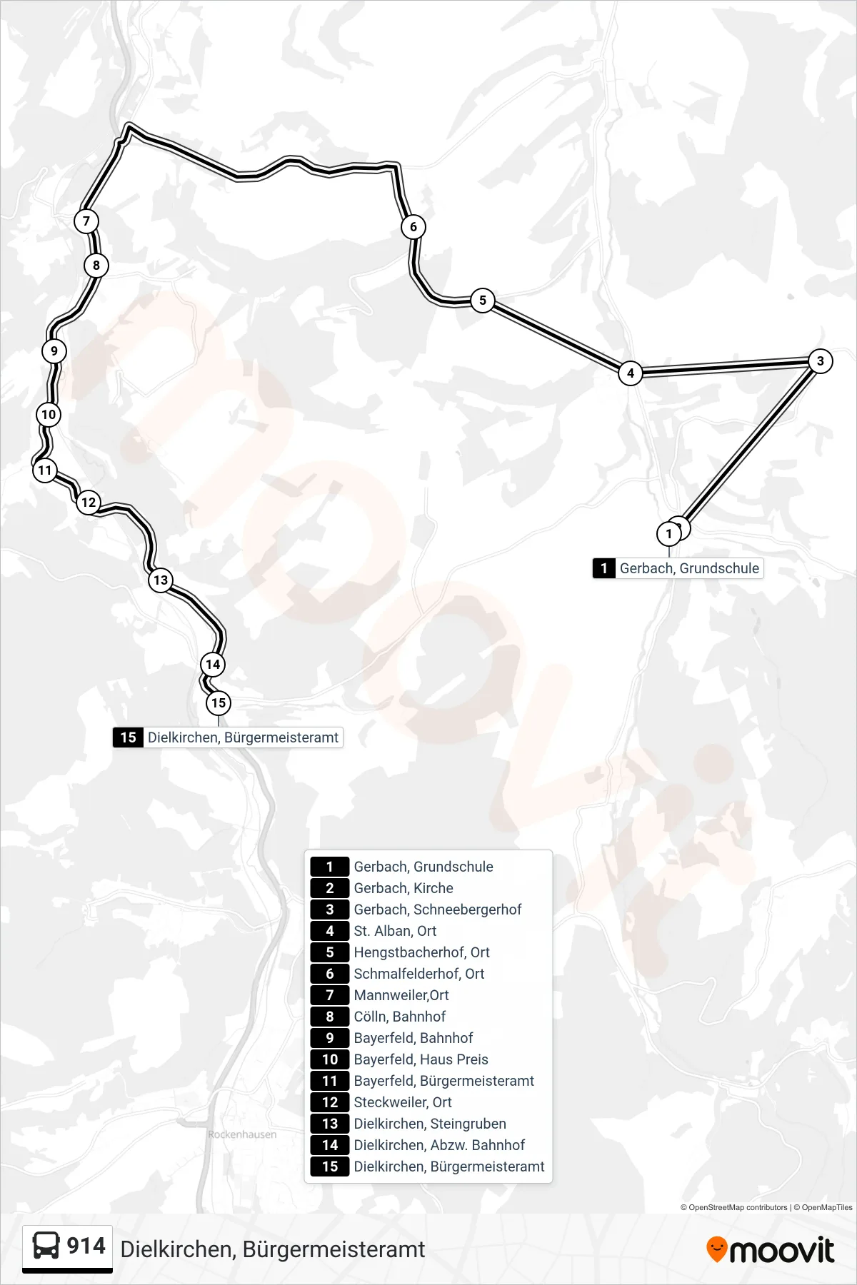 914 bus Line (Dielkirchen, Bürgermeisteramt) route and stops on a map