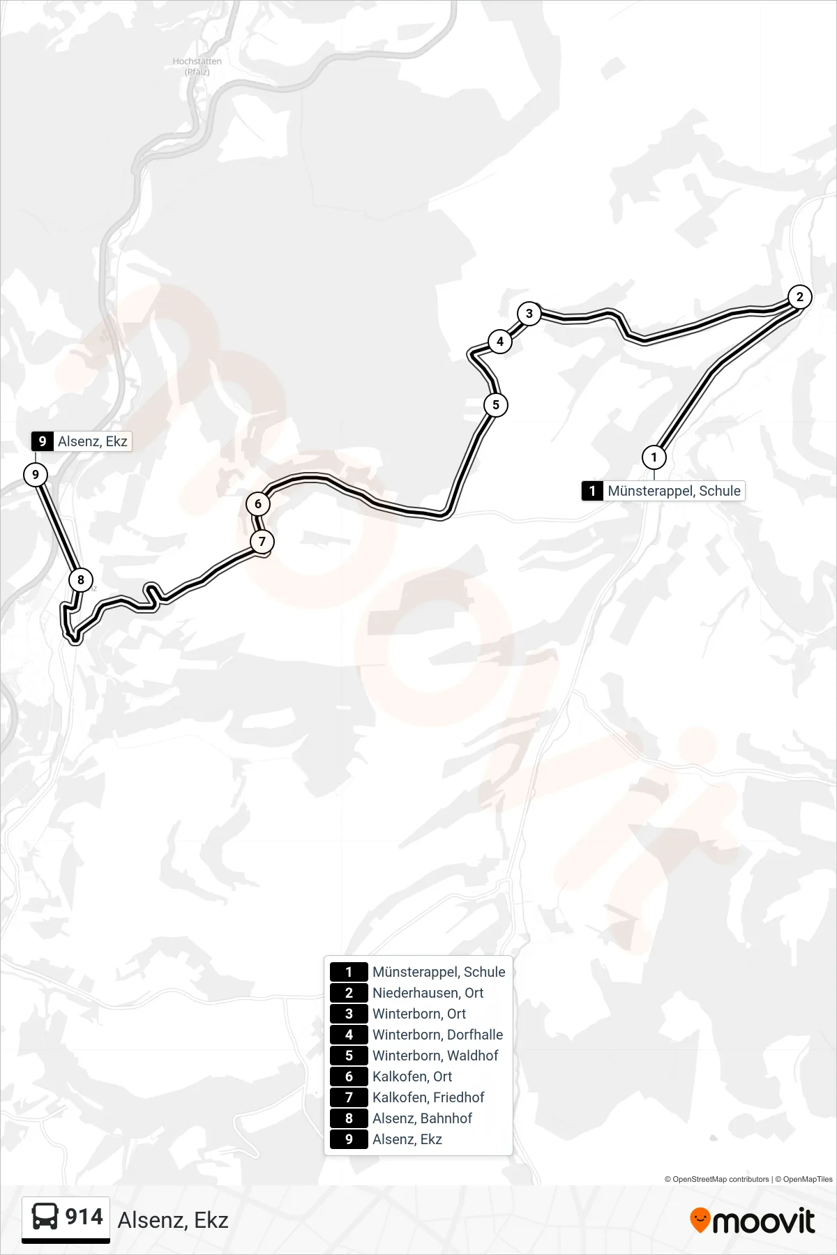 914 bus Line (Alsenz, Ekz) route and stops on a map