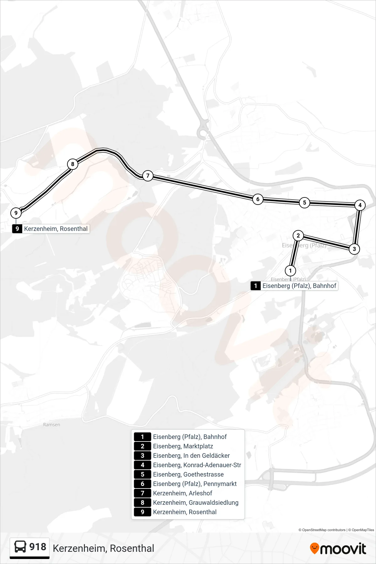 918 bus Line (Kerzenheim, Rosenthal) route and stops on a map