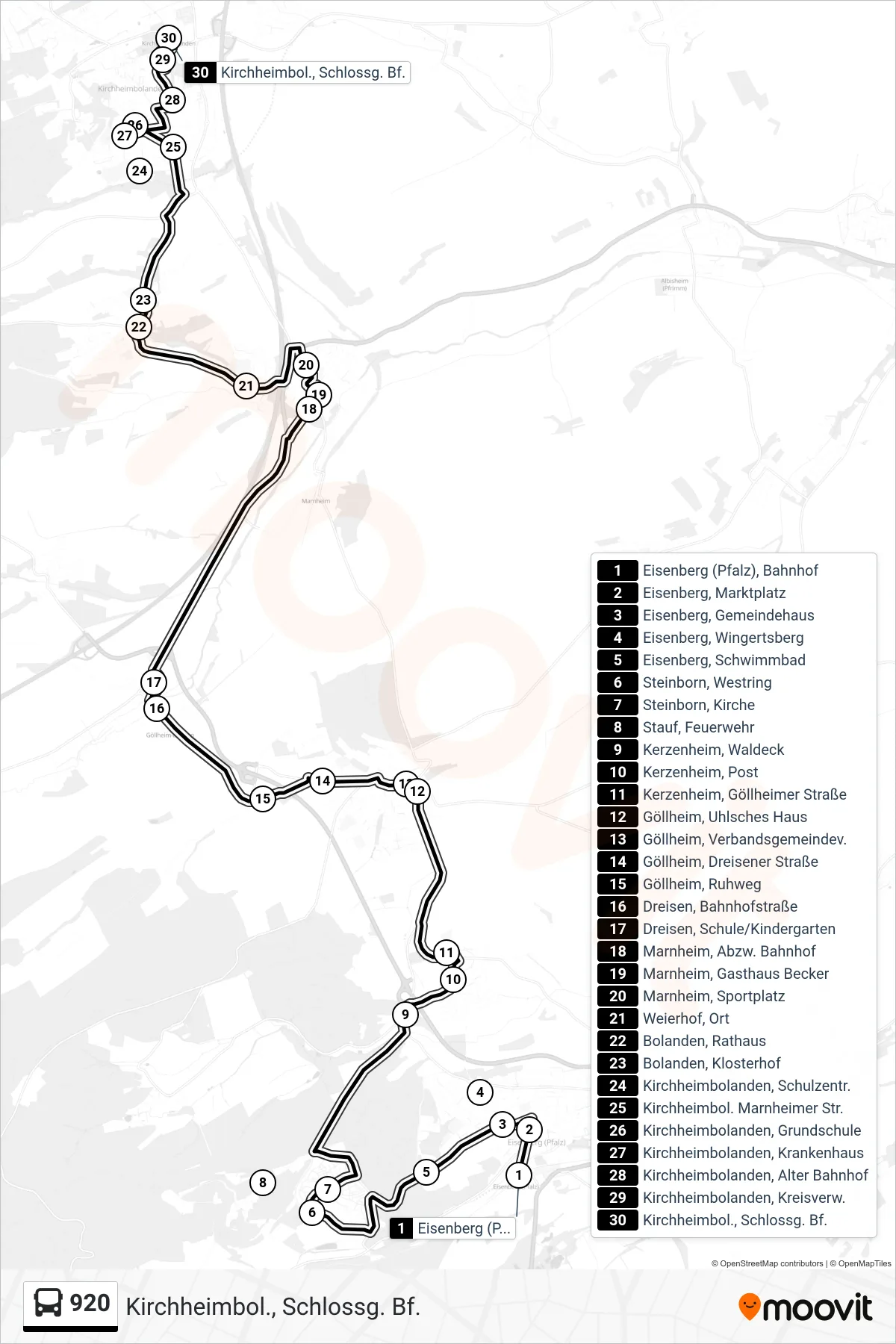 920 bus Line (Kirchheimbol., Schlossg. Bf.) route and stops on a map